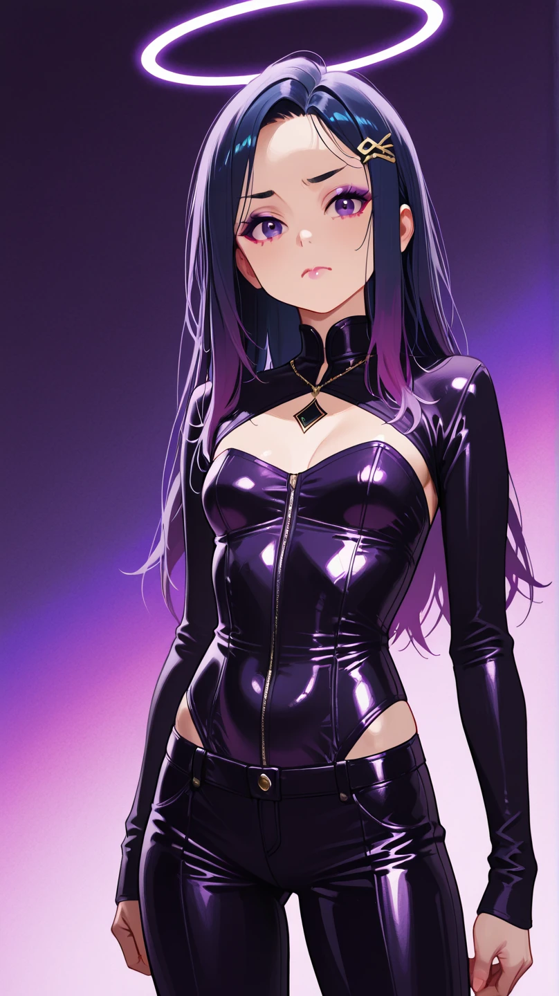 full body image of young woman, height 115 centimeters,  features, chest size 0, posing sexy, purple hair on his head, bat wing ears on his head, black demon tail, Skinny body, red latex suit, black latex stockings, Small ears, thing legs, Red eyes, gothic black eyeliner on his eyes, 5 fingers on 2 hands, black lipstick on lips, bat wings on the back, gold jewelry in hands,