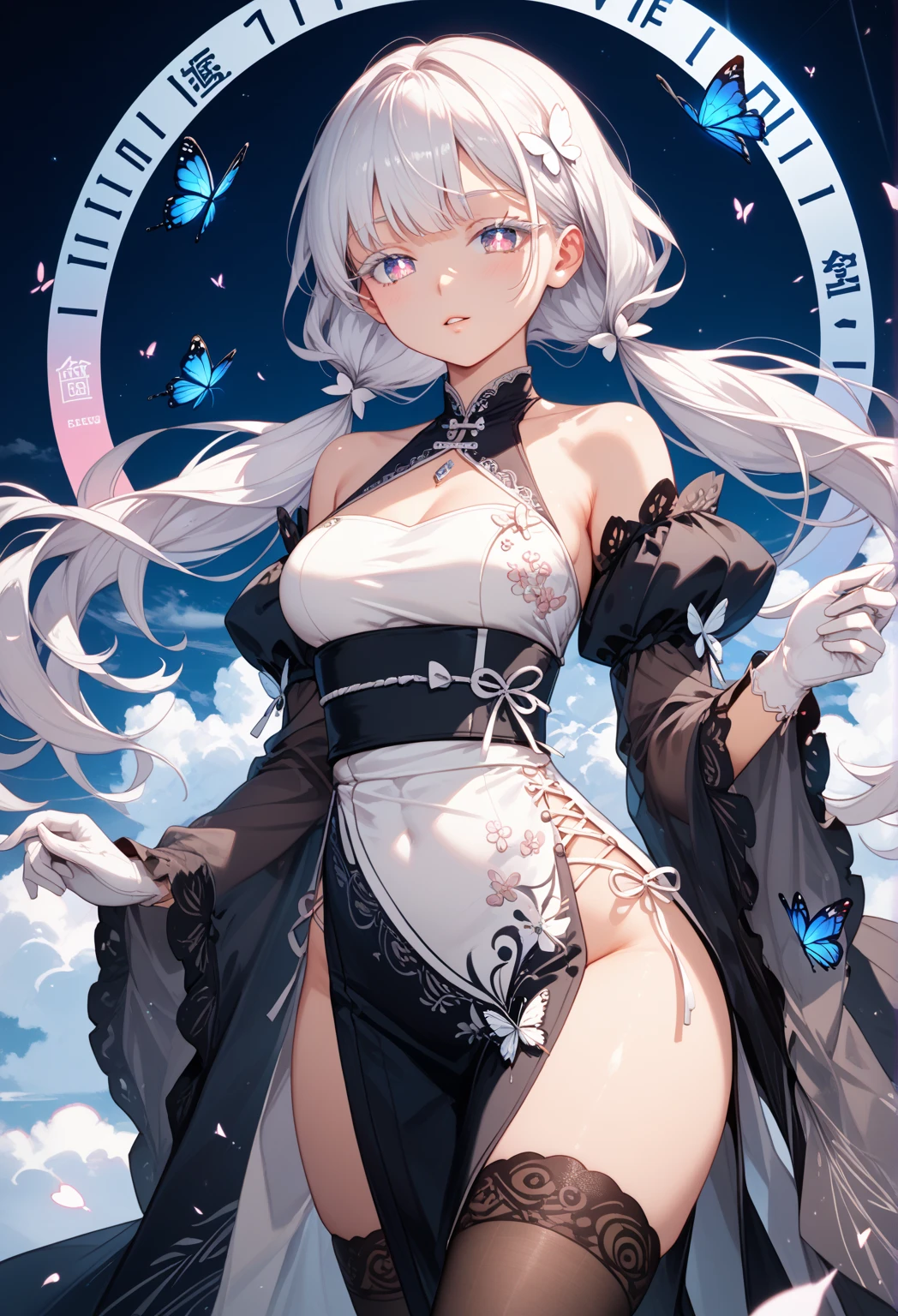 a girl,Sheep's horn, full color, long white hair, Red eyes ,Eyeliner, black transparent clothes, Red, open air, Rose, night, ruins, Butterfly,mine same as the original, mine, , (:1.2)
rest, (cheongsam), (view from below), (Put your arms behind your back), (wild lift), thin dress, Crotch cutout, best quality, high resolution, unified 8k wallpaper, (illustration:0.8), (Beautiful and delicate eyes:1.6), extremely detailed face, perfect lighting, Very detailed cg, (perfect hands, perfect anatomy),soles of feet,sitting,blond,red lips,Acting cuegs close-up
