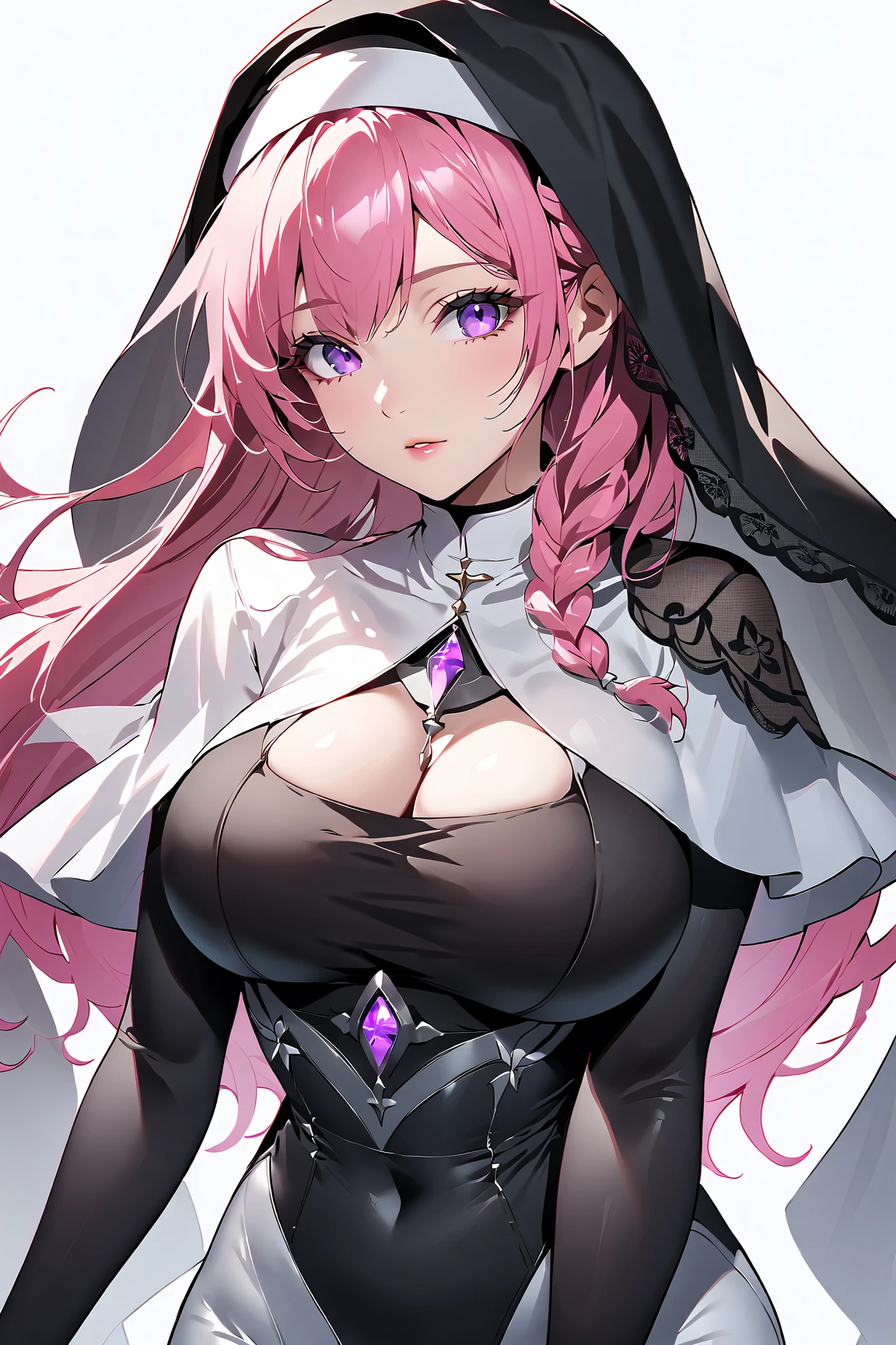 An adult woman, half fox, pink and white ears, pink and white hair, pink eyes, little white and black dress, wide , very angry, holding a sword