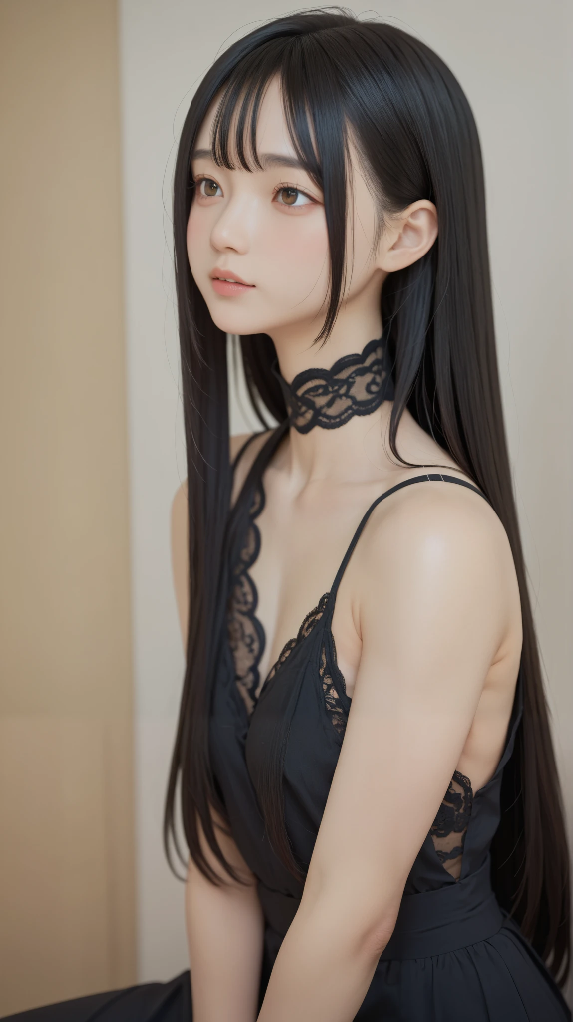 top quality、masterpiece、 Ultra High Resolution、 RAW photos 、film grain、perfect anatomy, Japanese Girls, solo、one girl、少し短い首:1.7, white skin, ((( black hair, bungs, straight long hair))) , light brown eyes , high neck lace fabric, black clothes, artistic.