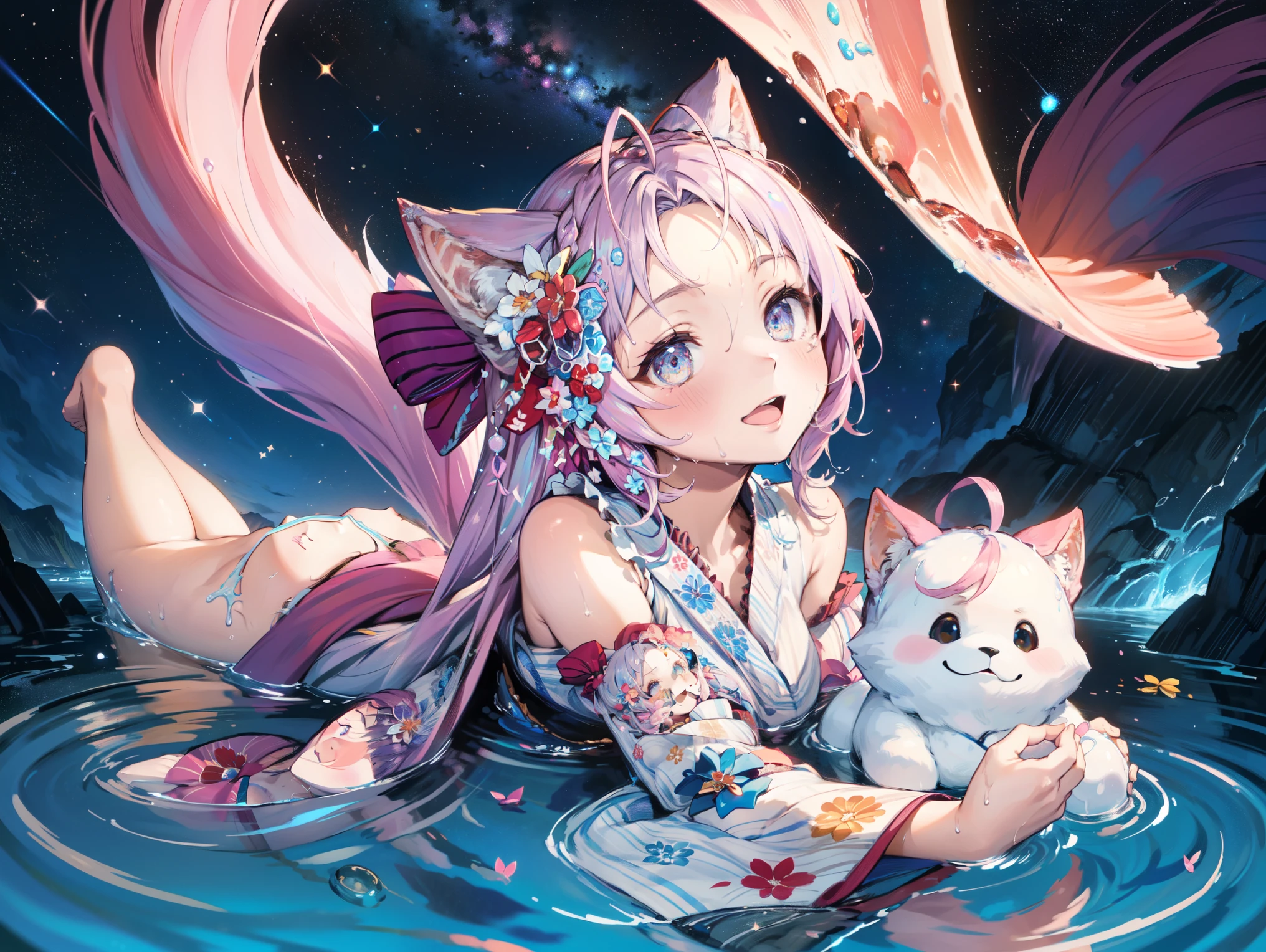 (( super fine facial expression )), Describe a scene of a beautiful female character lying in the water, Looking up at the starry sky . surrounded by colorful nebulae and her favorite constellations.(((LOL ))).((Forehead)),The milk white and pink theme ,A wet kimono,Japanese