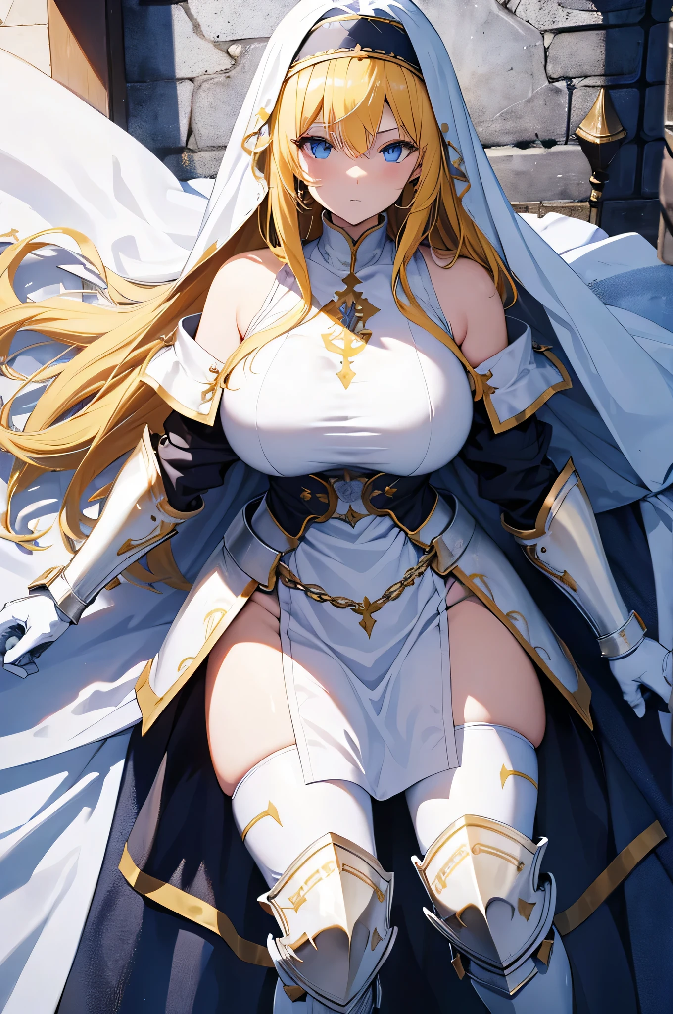 masterpiece, best quality, highres, 1girl, cleavage cutout black thighhighs white skirt white dress belt white gloves white sleeves sheathed shoulder armor <lora:maria_fianna_albert:1> lying on back, arms up, bed sheet