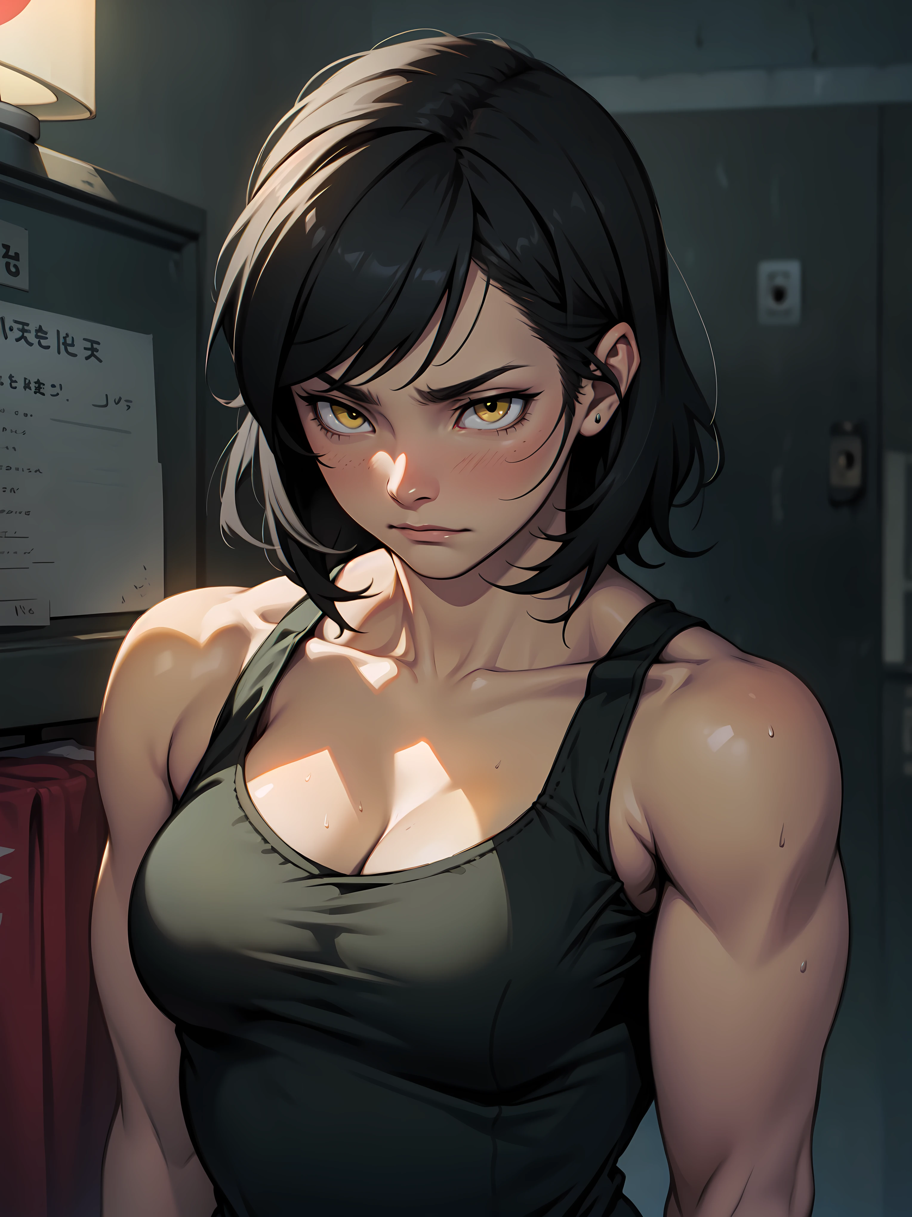 muscular girl thick breasts black hair yellow eyes pale skin best quality sad frown