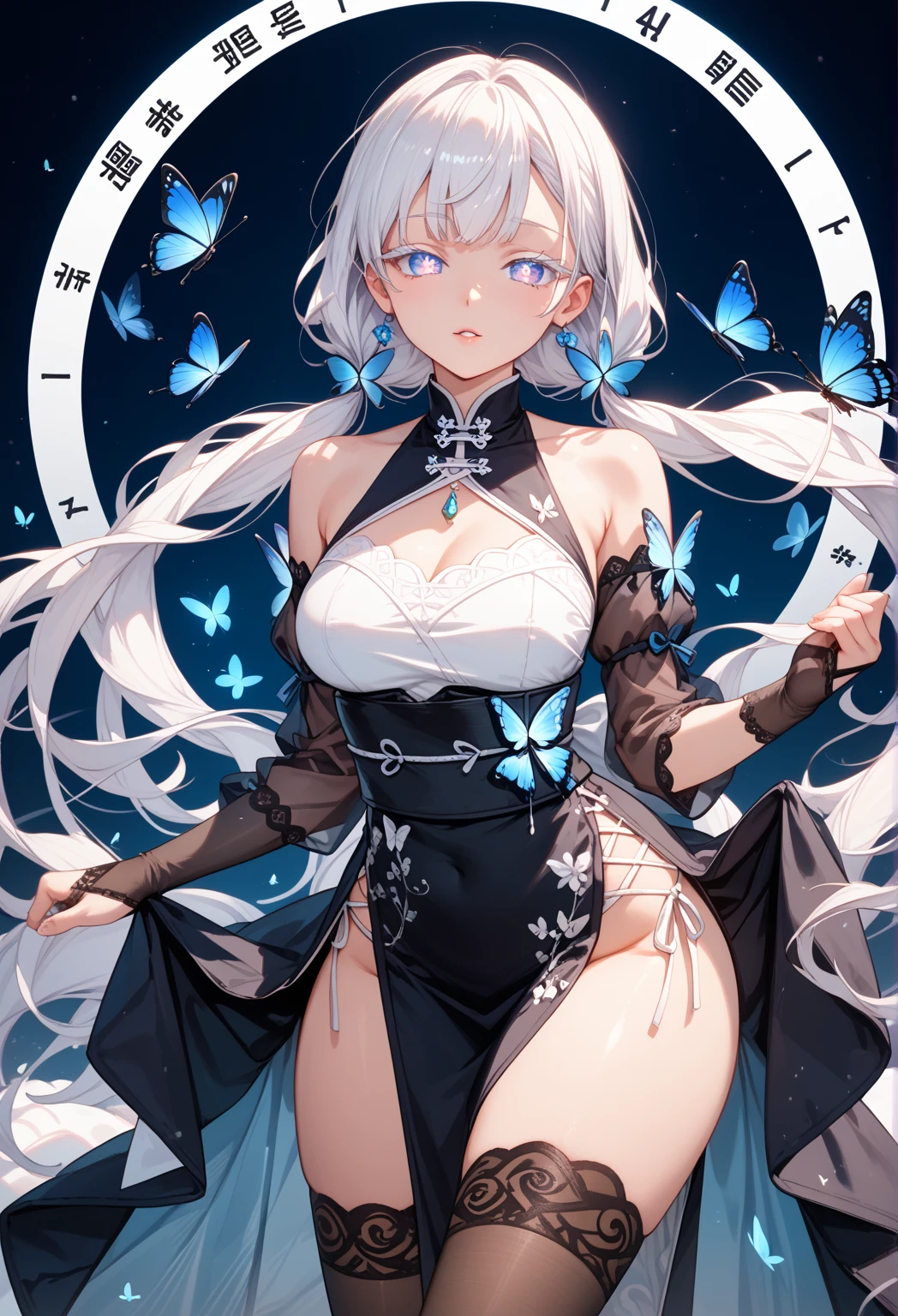 silver hair，Butterfly，long white hair，white wedding dress，8k wallpaper，Detailed background，Highest resolution，Deep V big breasts，hair covering one eye，bandeau wedding dress，Chis，White Rose，tight，full-body shot