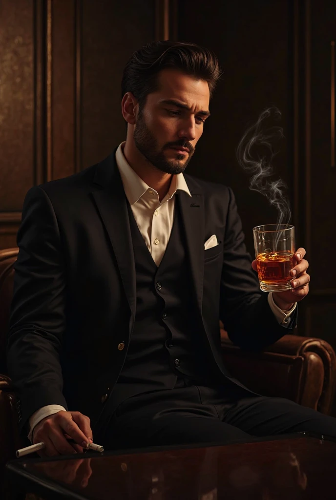 work of art, Man in white suit, smoking cigar, high resolution, Using tea, 4K, lot of details, Drinking beer, Elegant man, Very beauthful, swirly vibrant colors, not bar.