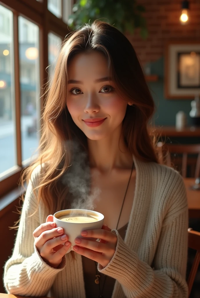excellent, amazing, Ultra HD, Realistic, girl, (Beautiful Face 1.4), (big, Narrow waist, Big firm bouncing Breasts), Long Hair, indoor, Bokeh, Beautiful light, Shiny skin, Small Head, smile, Dinner Party, Holding a cup