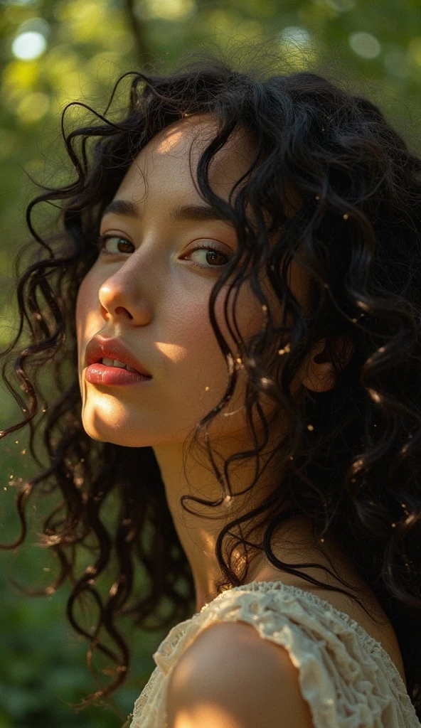 (Masterpiece:1.2), best quality, (illustration:1.2), (ultra-detailed), hyper details, (delicate detailed), (intricate details), (cinematic light, best quality Backlights), clear line, from below, soloist, soft lights, ethereal, magical looking, a candid looking girl with soft curly black hair, brown eyes, forest, fairytale, full body,  perfect body, big breasts, magical, light particles, fireflies, cute smile