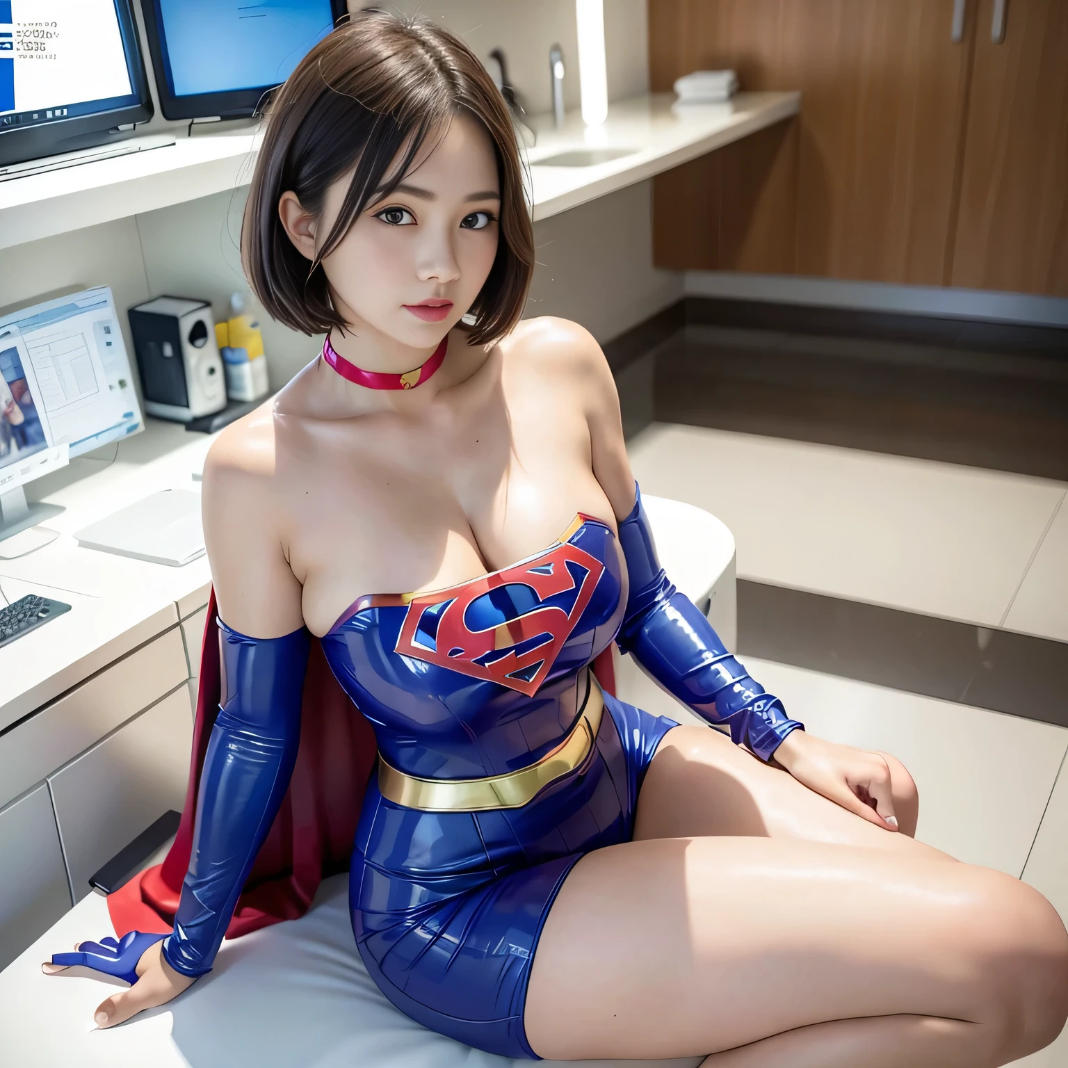 masterpiece、Rubber Supergirl Costume、short hair、barefoot、Big and ample breasts、shiny sweaty skin、looking at the camera、choker、Long sleeve、Sexy poses to seduce、Off the shoulder、latex、From the front、In front of the laboratory equipment in the hospital room、High leg leotard、Cape、Glamorous cleavage、Photo magazine cover、Boasting beautiful legs、A young wife in her 40s、Close-up、Nymphomaniac、