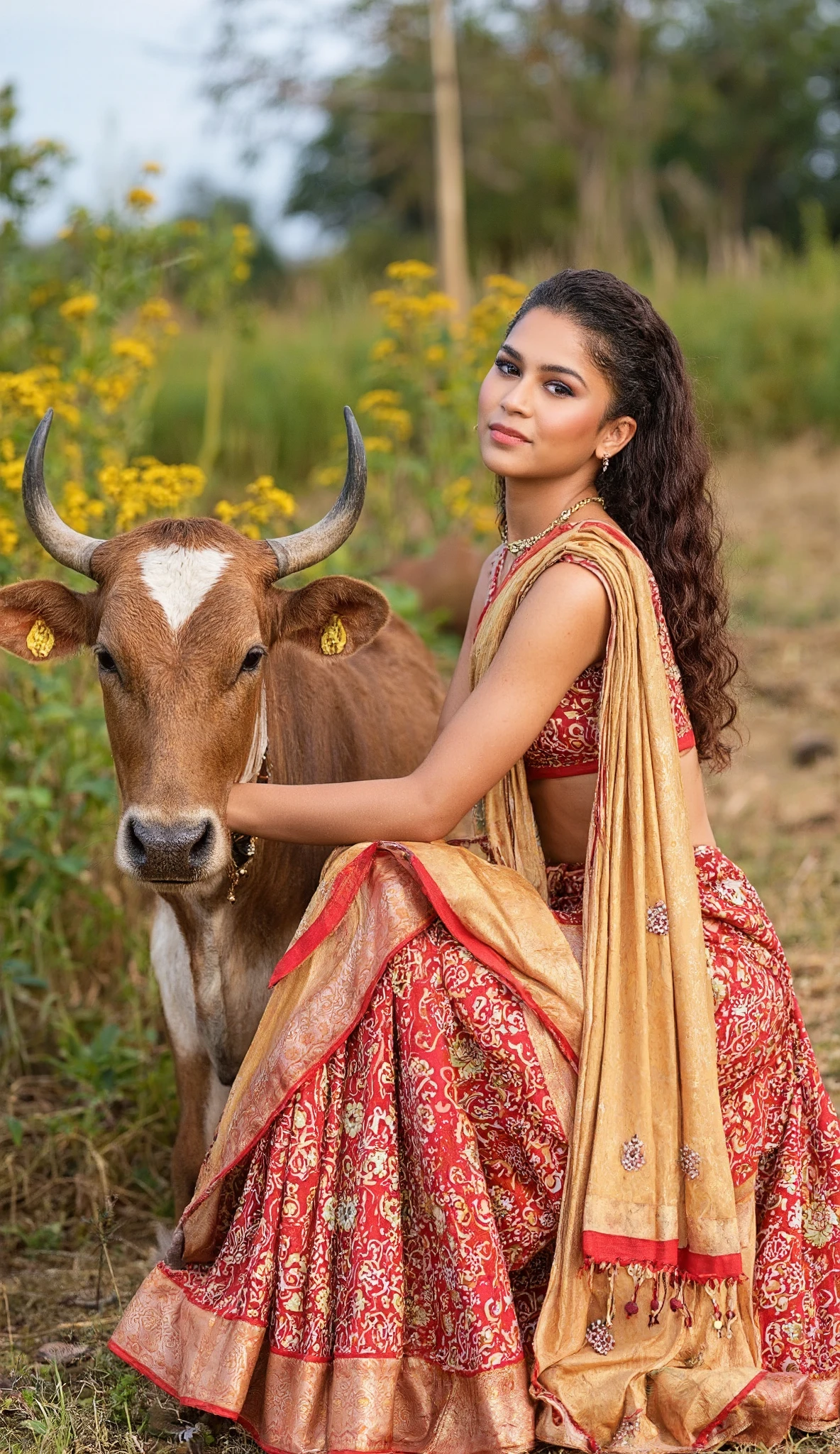 Sure! Here's the prompt in English:
"American female star Zendaya wearing a stunning Indian saree, standing and sitting gracefully near a cow. The serene rural setting, with the gentle cow and natural surroundings, highlights her elegance and creates a beautiful fusion of Indian tradition and global charm."
Let me know if you'd like any adjustments! 😊