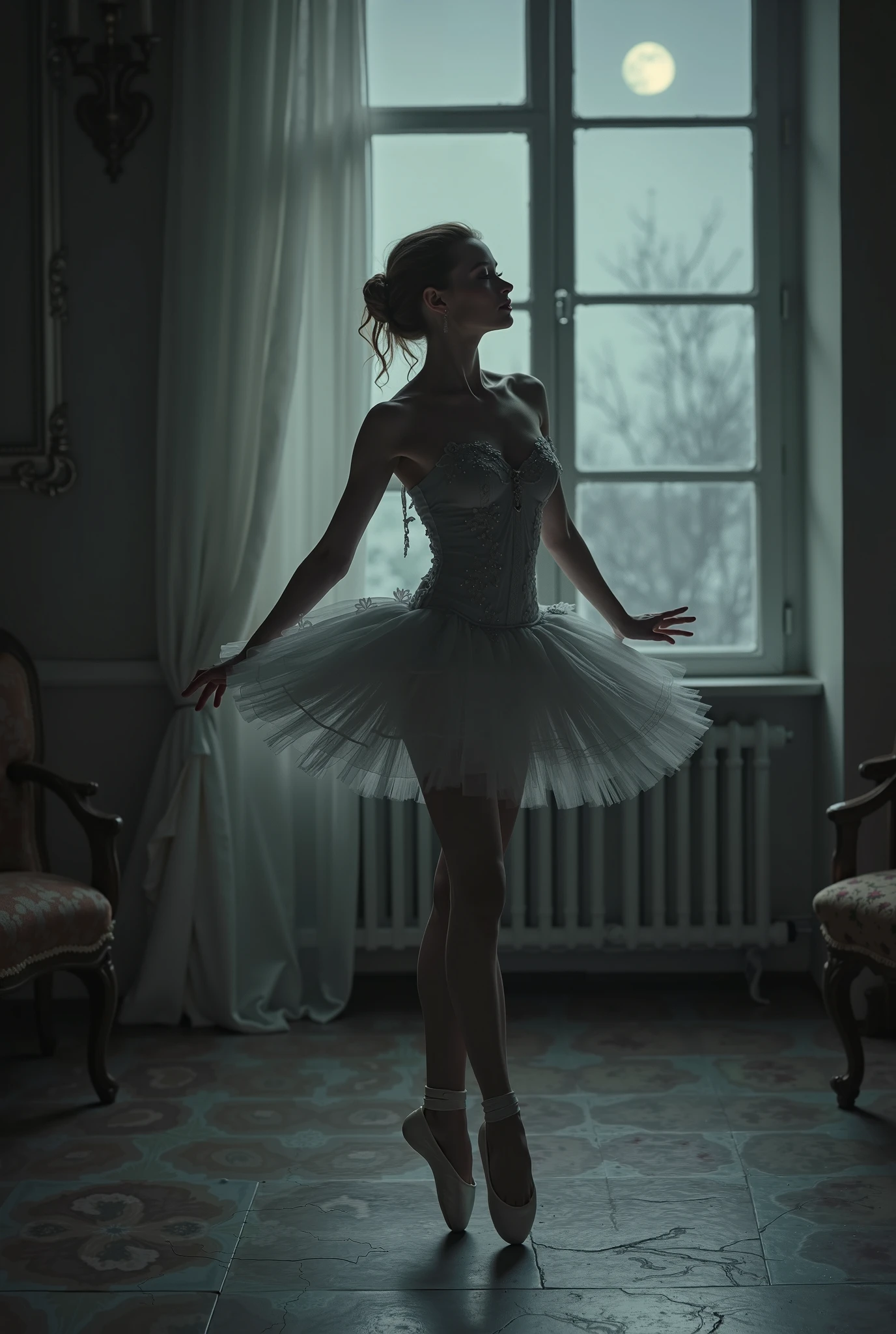 A poetic and visually captivating scene. The picture shows a beautiful blonde Russian dancer , medium breasts with delicate makeup and light eyes, wearing a gray lace dress (The dress has petal designs and a short skirt). She is dancing ballet alone in a dark room, illuminated by moonlight coming through a large window. The ballet shoes she is wearing are white., which highlights her figure and her angelic face. This description transports us to a magical and romantic atmosphere, where the dancer is in the center of the room,
expressing her art and grace through dance. The combination of the darkness of the living room, The light of the moon and the elegance of the dancer creates a visually striking image full of beauty.