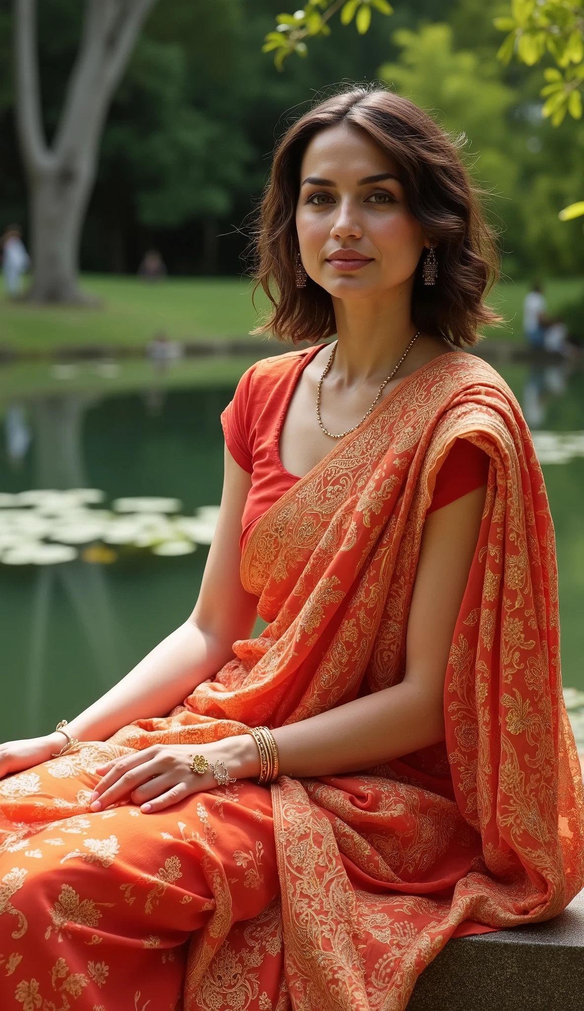 Sure! Here's the prompt in English:

"American female star Ana de Armas wearing a stunning Indian saree, sitting elegantly on a bench near a tranquil pond. The serene surroundings, with the calm water and lush greenery, create a picturesque scene, blending her grace with the beauty of Indian culture and nature."

Let me know if you'd like any changes! 😊