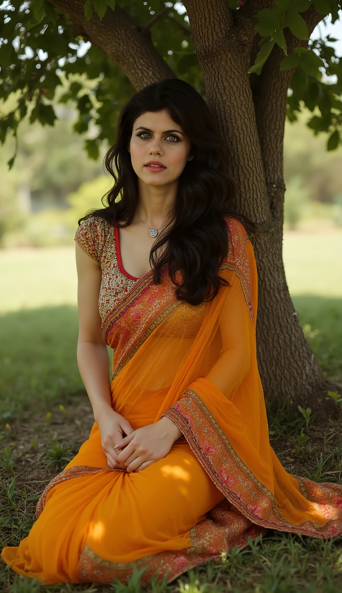 Sure! Here's the prompt in English:
"American female star Alexandra Daddario wearing a beautiful Indian saree, sitting gracefully under a neem tree. The serene ambiance of the natural surroundings, with the tree's shade and gentle breeze, complements her elegance, creating a harmonious blend of Indian tradition and timeless beauty."
Let me know if you'd like further tweaks! 😊