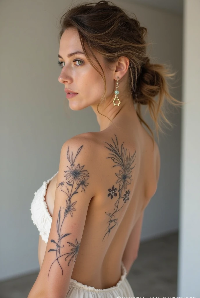 A lovely woman, kneeling with her back to the viewer, delicate flowers tattooed on her bare back, professional photography, high quality, detailed, photorealistic, soft natural lighting, warm color palette, serene atmosphere, intricate tattoo details, graceful pose, beautiful skin tones, cinematic composition, dramatic shadows, depth of field (safe for work)