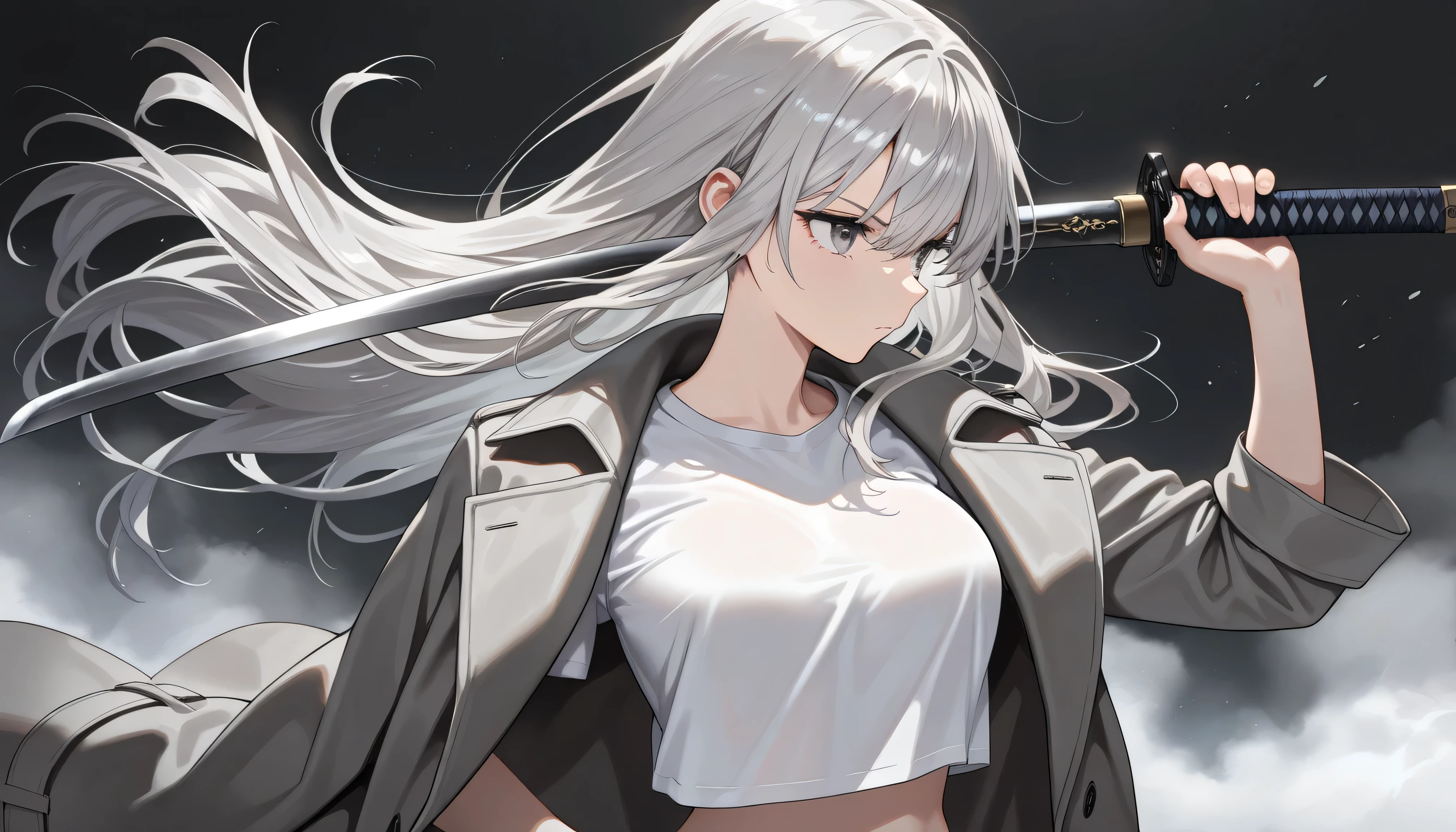 ((masterpiece, best quality, amazing quality, very aesthetic, newest, realism, hyper-detailed, beautiful, cinematic)) 1girl, 28 Years Old, A bit medium breasts, solo, Dark Gray Background, long Light Gray hair, Dark Gray Trench Coat, White Loose Crop Top T-Shirt, Holding a Katana with a Dark Gray Blade, combat-ready stance with a katana, looking away, Long Hair, bangs, upper body, simple background, Fog, Gray eyes, closed mouth, Light Gray Hair, shot from head to hips with no cut on the head, Fantasy_eyes, Angry Face