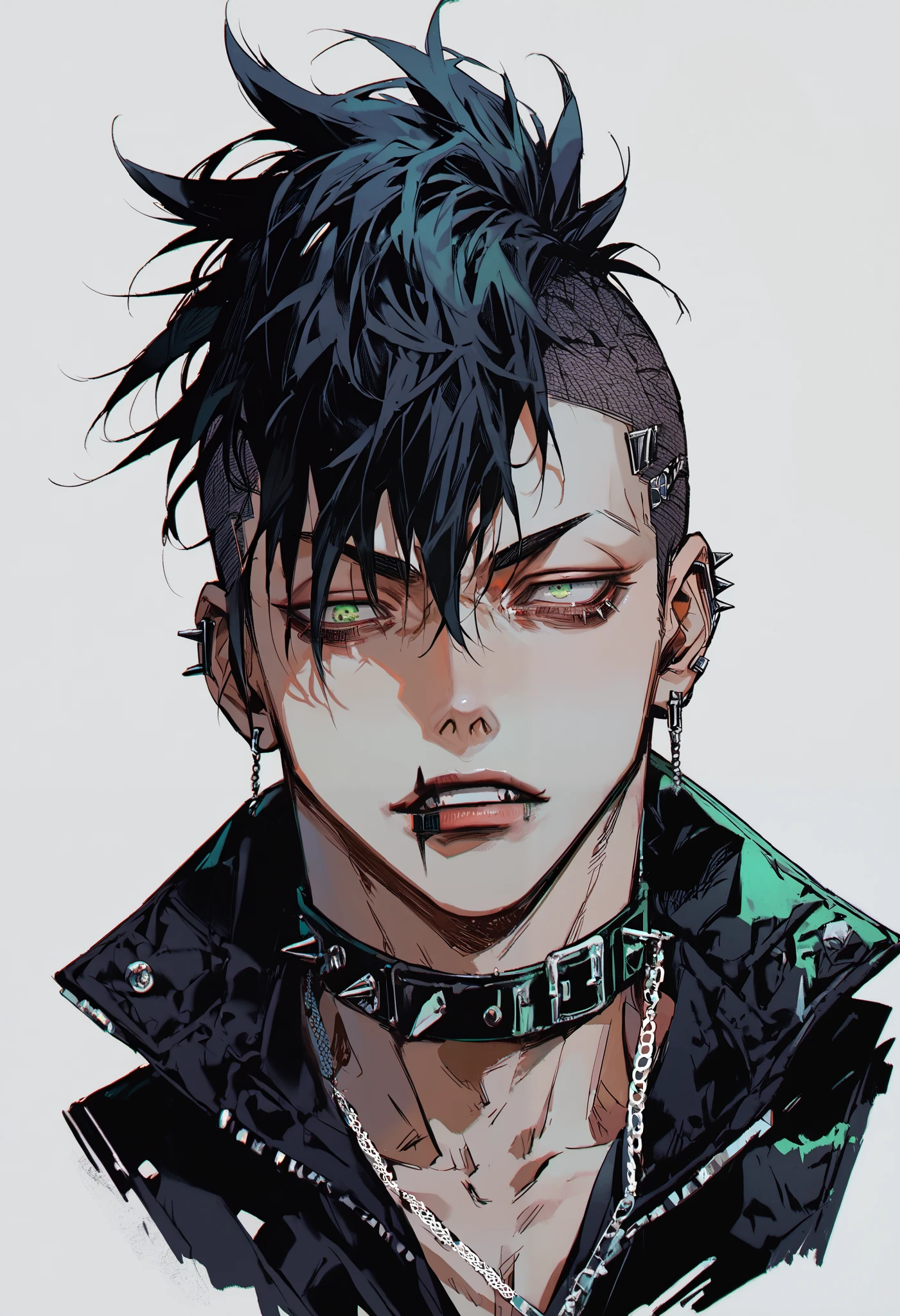 1man, black hair, mohawk hairstyle, green eyes, keen eyes, punk clotches, simple background