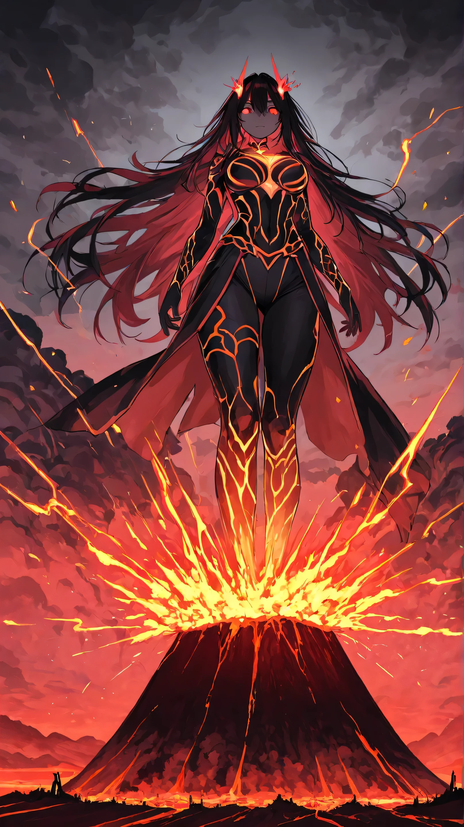 "A high-definition cinematic scene of a powerful woman in anime-style, standing on top of an erupting volcano. She has long flowing hair illuminated by the glow of lava, glowing eyes with mystical energy and wears a detailed futuristic warrior outfit with magical touches. Her hands emanate an intense aura of elemental power, with sparks and bursts of energy surrounding it. The sky is filled with dark clouds and lightning, as lava flows in the background, creating an epic contrast between shadows and light. The art has a highly detailed style, with dramatic lighting and a vibrant color palette, conveying a sense of greatness and absolute power."