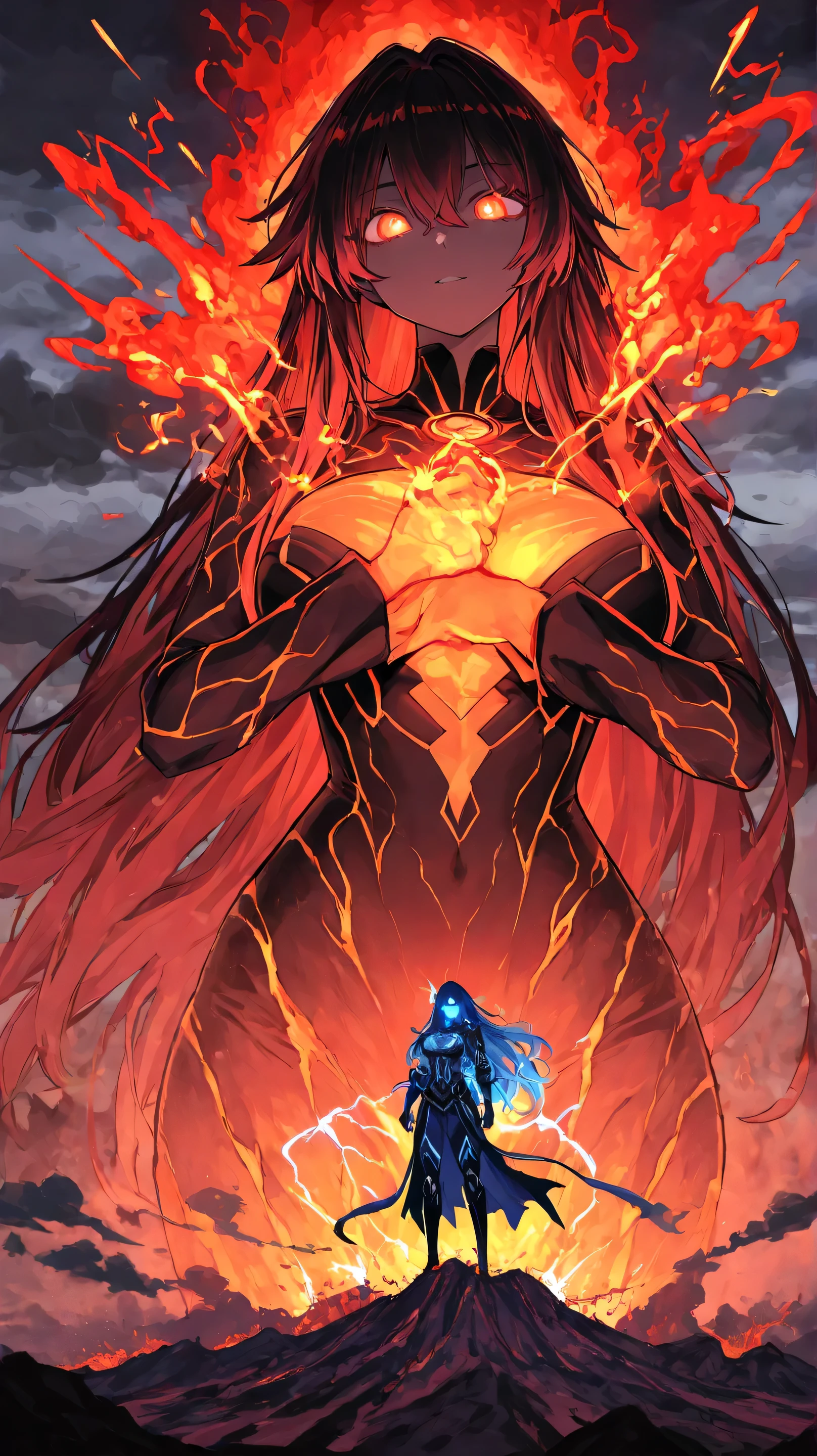 "A high-definition cinematic scene of a powerful woman in anime-style, standing on top of an erupting volcano. She has long flowing hair illuminated by the glow of lava, glowing eyes with mystical energy and wears a detailed futuristic warrior outfit with magical touches. Her hands emanate an intense aura of elemental power, with sparks and bursts of energy surrounding it. The sky is filled with dark clouds and lightning, as lava flows in the background, creating an epic contrast between shadows and light. The art has a highly detailed style, with dramatic lighting and a vibrant color palette, conveying a sense of greatness and absolute power."
