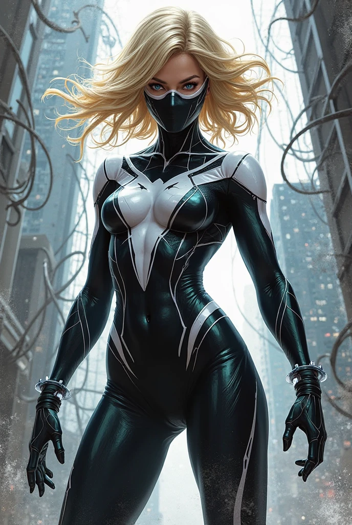 4K,realisticlying,Glamorous,The very detailed,There a girl in Dingcheng,Blonde hair,Wearing a black Spider-Man costume,(Black and white:1.4) the night,symbiote,venomize,a large amount of mucus,she a spiderman,Black superhero theme,In front of the sky,Flushed complexion,( Open legs, camel-toe,, Vulvar shape:1.3),(GGCameltoe:1.3)Legs apart,25 age old,full bodyesbian