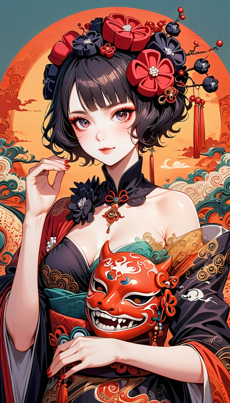 An elegant woman holding a gorgeous Chinese dragon mask, covering it with her hand, the style of Cangyama Yuan and Katsushika Hokusai, bright colors, bold shadows, surrealistic illustrations, intricate details on the skin, delicate feminine curves, flashing yellow eyes, fierce black eyeliner, yellow smudging eyeshadow, with a palette of yellow, black, white, blue, orange, oil painting style, Shirow's style