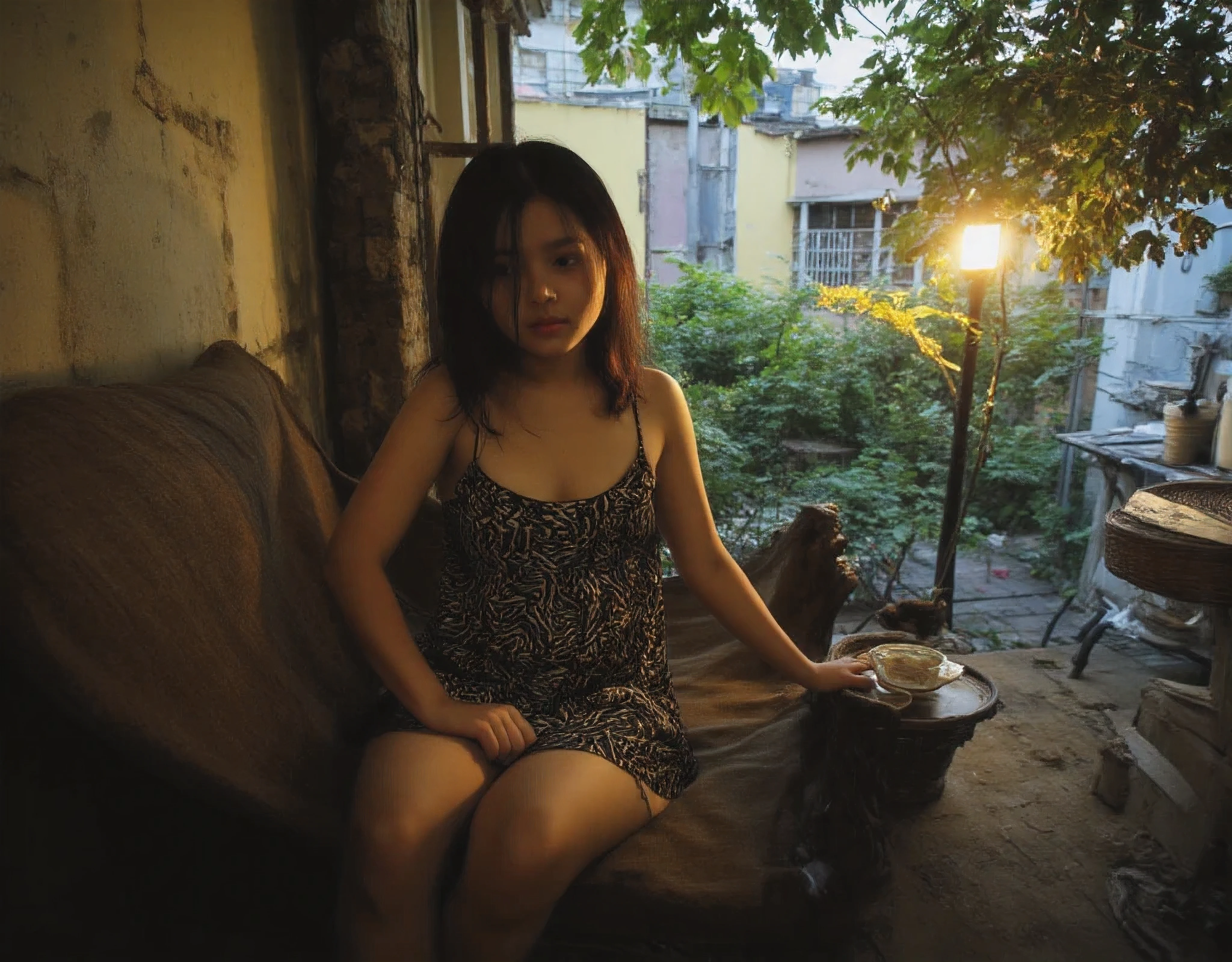 Aesthetically pleasing cinematic composition (suburban setting background seeing houses and shops from the veranda)Beautiful amber skies (Large and prominent perky breasts showing décolletage and cleavage with a bit of tan lines) Flash photography, gyaru, Aesthetically pleasing cinematic composition, epic perspective, dramatic lighting and shadows, symmetrical and detailed, Cute girl with small perky breasts in a black and white geometric print summer dress at the veranda at her home during evening relaxing in the outdoor couch, Metro Manila, philippines, Evening, nighttime, Cute tan brown-skinned Filipina-korean goth girl, Cute and adorable milf mommy wearing her sexy and alluring Cute girl in a black and white anime summer dress at the veranda at home during sunset relaxing in the outdoor couch fit athletic toned sexy fit and athletic Filipina-korean woman, tan skin photorealistic and life-like taken from a Leica m9 50mm 1.2, lowlight photography, 4kPhoto_PDXL Photorealistic, 30 years old , Filipina brown skinned pacific islander Spanish mix girl, high resolution, life-like details, Freckles, moles, simple and elegant demeanor, lovely and ethereal face, Photorealistic and life-like skin texture, lovely kissable pouting lips, sexy sensual and alluring seductive pose ,