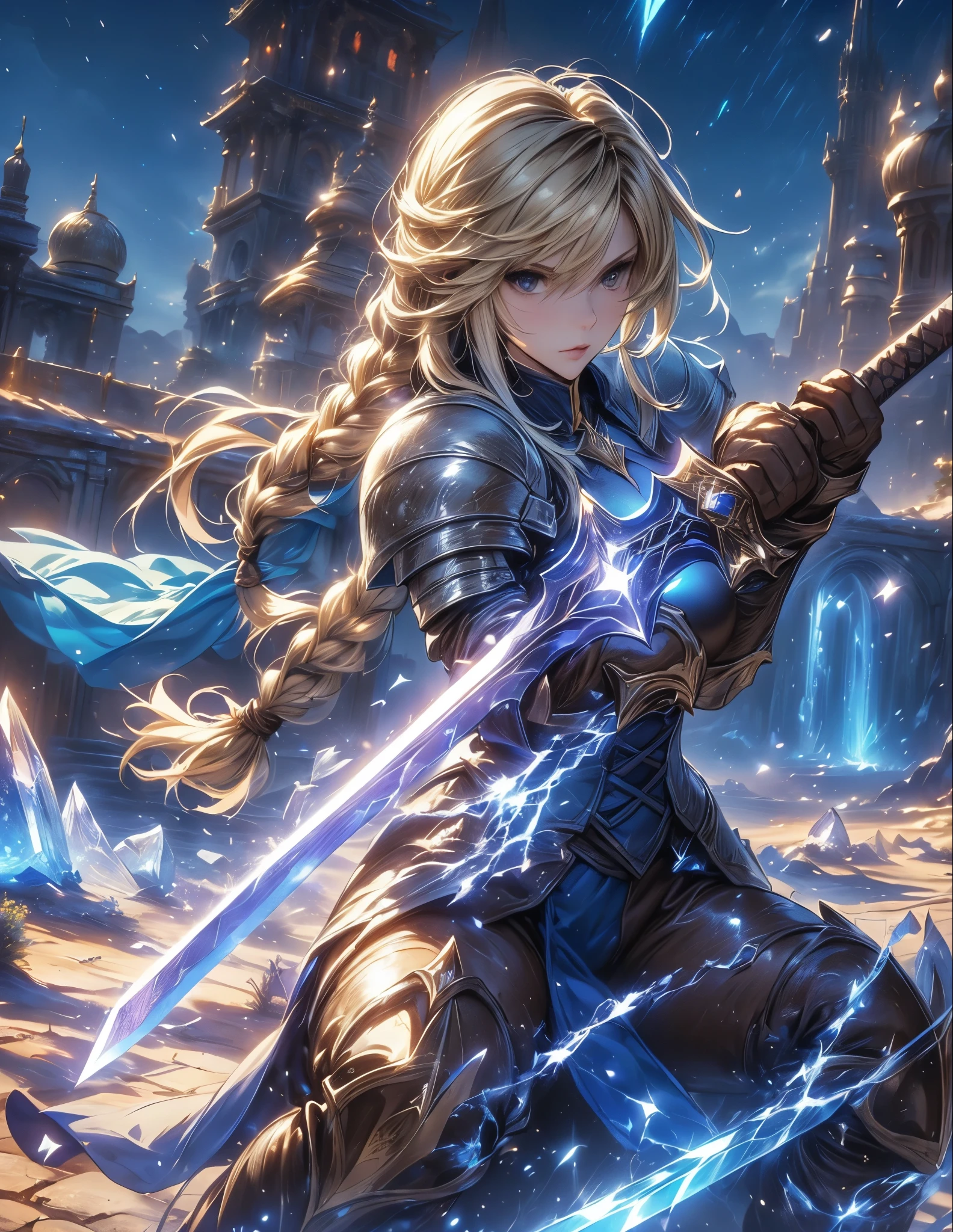 (Agrias Oaks\(Final Fantasy Tactics\) , score_9 , score_8_Excellent , score_7_Excellent , 32K , detailed description 、 A Girl Holding a Sword Destroys , Luxurious Sword , blonde hair , Braided Ponytail , brown eyes , shoulder armor , armor , corset before dildos insertion , (brown pants:1 . 3) , Knee pads , blue dress , brown gloves , pants , Cross Race Boots , Big Breasts , combat posture , dynamic angle , (\(Become , European Sword , , glows blue\):1 . 4)\) , (Holding a straight sword , a blue aura shining from her whole body) , Picture of a Female Paladin , Destruction of animated fantasy art , background\ long hit , dynamic angle , There's a giant crystal on the ground , 青い月と星のbackground , night sky , (alone:1 . 6 )(top quality)) , (Ultra High Definition) , (Super Detail)