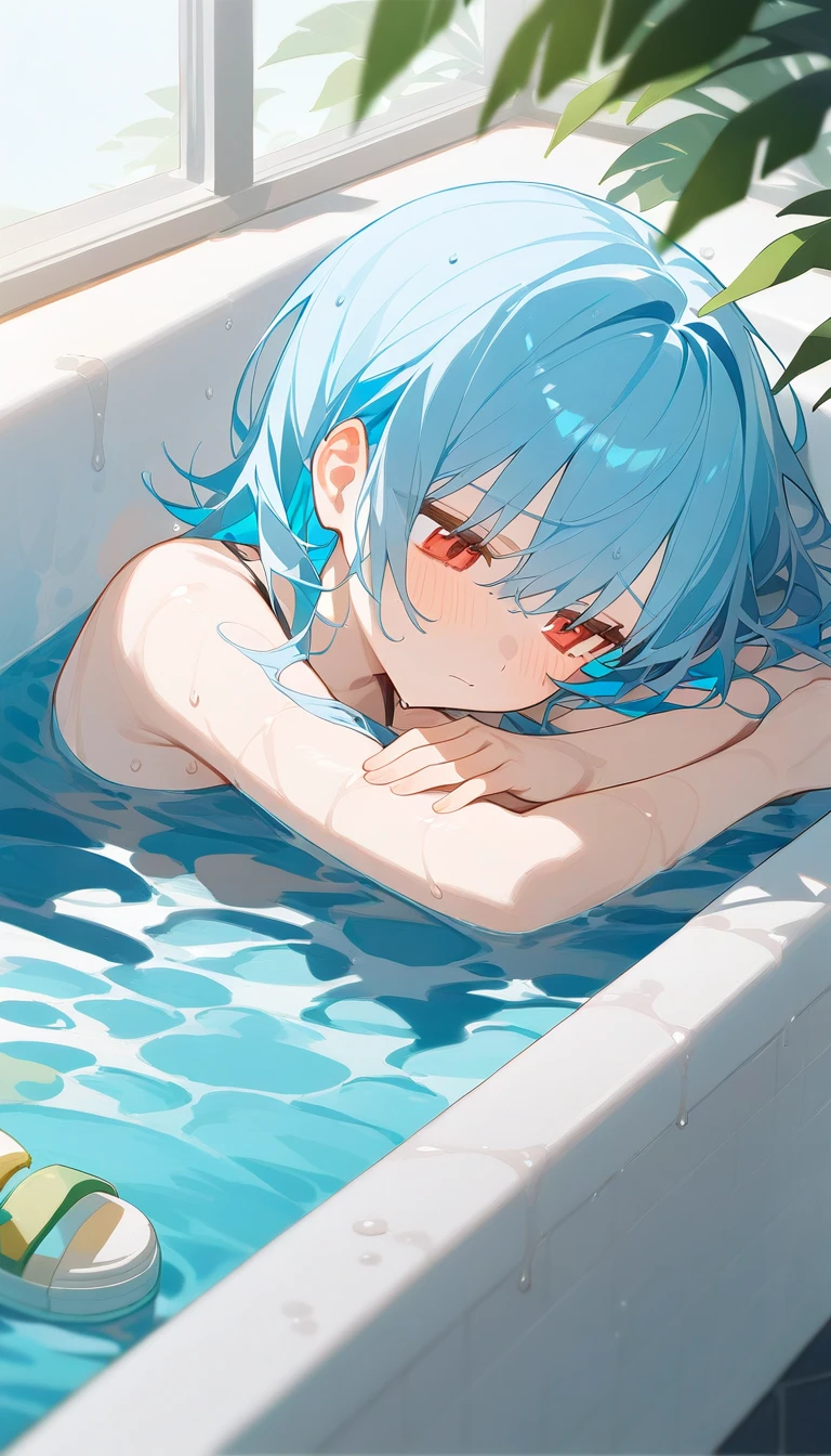 anime girl in a bathtub with blue hair and blue eyes, mikudayo, rimuru, bathtub, anime girl with teal hair, wallpaper anime blue water, in water, made with anime painter studio, miku, by Shitao, bath, pixiv 3dcg, rem rezero, tensei shitara slime datta ken, in the water