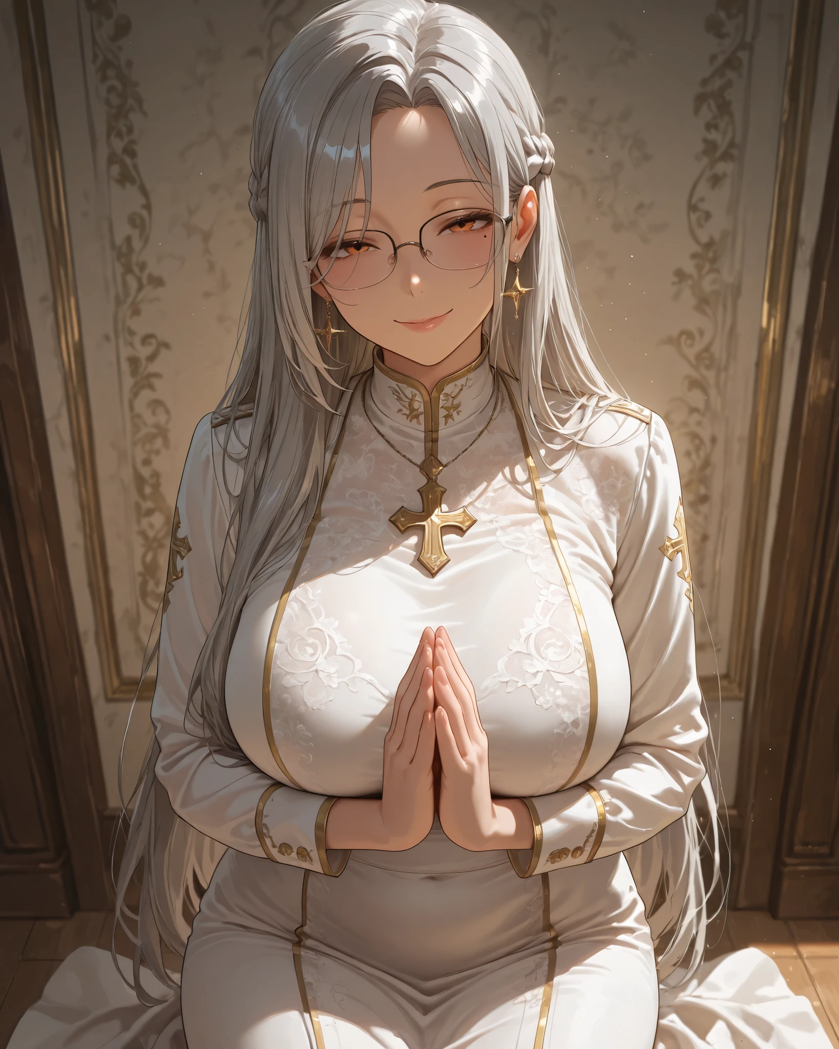 ((solo)), cowboy shot, looking up, mature female, curvy beauty, ((grayhair with silver hair ends)), braid hair, long hair, straight hair, glasses, orange eyes, half closed eyes, mole under eye, large breasts, A priest costume, star earring, smile like a goddess, praying, kneeling, looking at viewer, amazing masterpiece, top quality, high fashion, absurdres extremely, HDR, intricate details, vivid colors