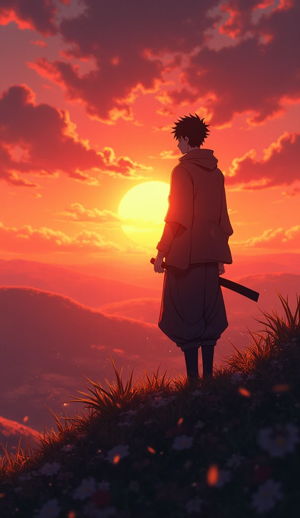 A striking anime composition showcasing a lone samurai, silhouetted against a blood-red sky, the aftermath of an epic battle, the warrior's tattered cloak billowing in the wind, surrounded by fallen enemies and wreckage, capturing a sense of tragedy and resilience, 3D, created with detailed character modeling, realistic lighting, and atmospheric effects to convey the intensity and atmosphere of the scene, --ar 16:9 --v 5