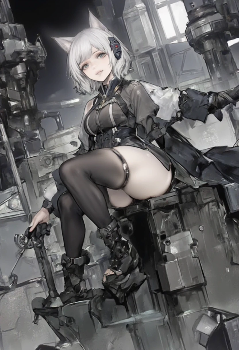 (top-quality、masterpiece、high-level image quality、Super delicate)、((a beauty girl))、(smooth dull gray hair)、(curly short hair、Long bangs)、(Braided hair)Yellow eyes like a brilliant sunset、Black Choker、Moderately large breasts、((Black Full Body Rubber Suit))、Obscene tattoos、(Experimental body)
