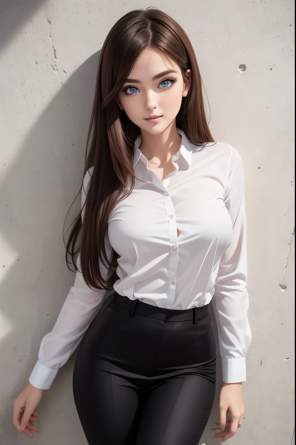 1 girl , piel blanca, parts, long straight hair, Brown hair, blue eyes, detailed eyes, detailed face, thin, Dress Shirt, dress pants, stuck on the wall, sexy body, detailed body, Look at the floor,