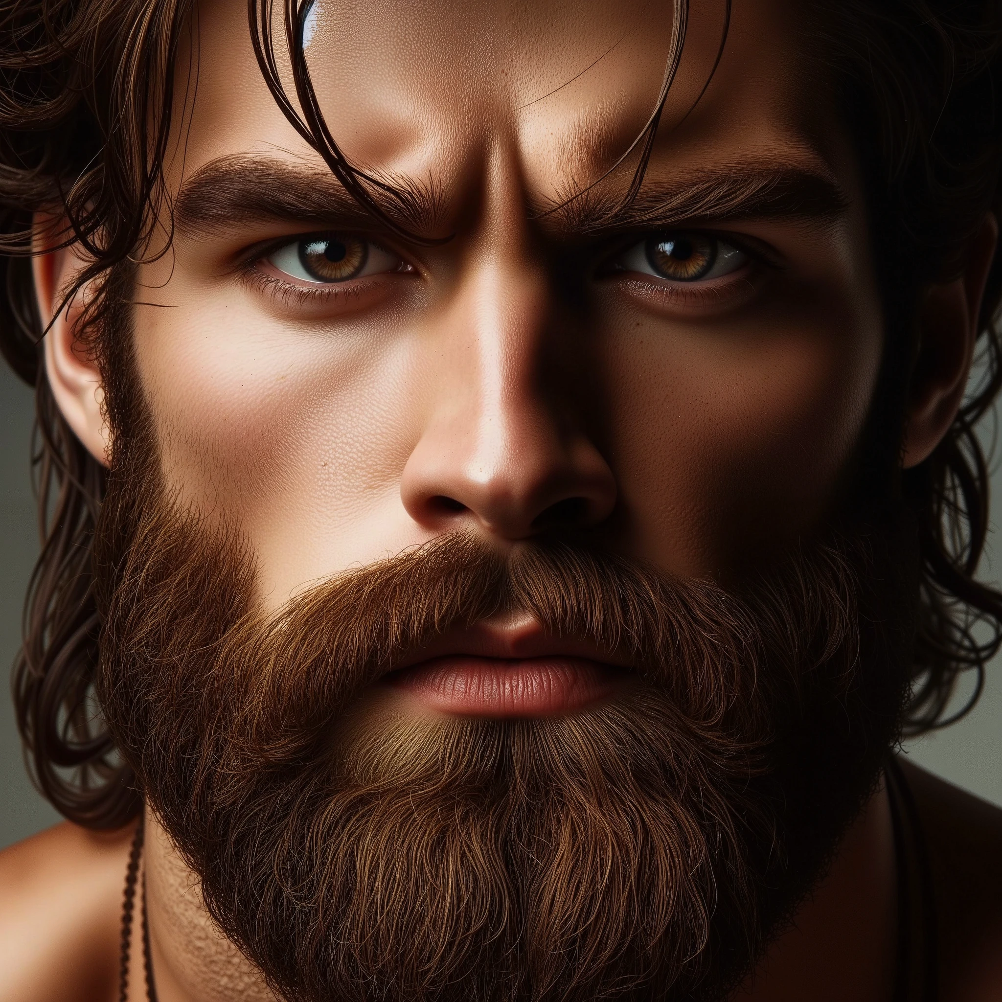A close-up realistic depiction of Hercules. His hunter's gaze is piercing and intense, highlighting his strong jawline and rugged features. He has a thick, well-trimmed beard and long, flowing brown hair. His brown eyes look straight ahead, exuding determination and strength. The focus is entirely on his face, capturing the essence of a mythological hero.