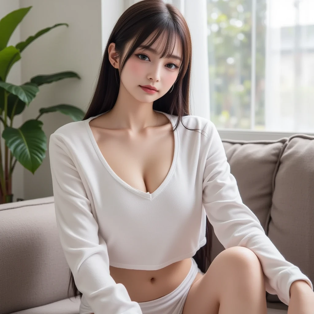 4K sophisticated facial features，Korean girl at home，Shorts，short trousers，Sit in different places，Spread your legs，cleavage