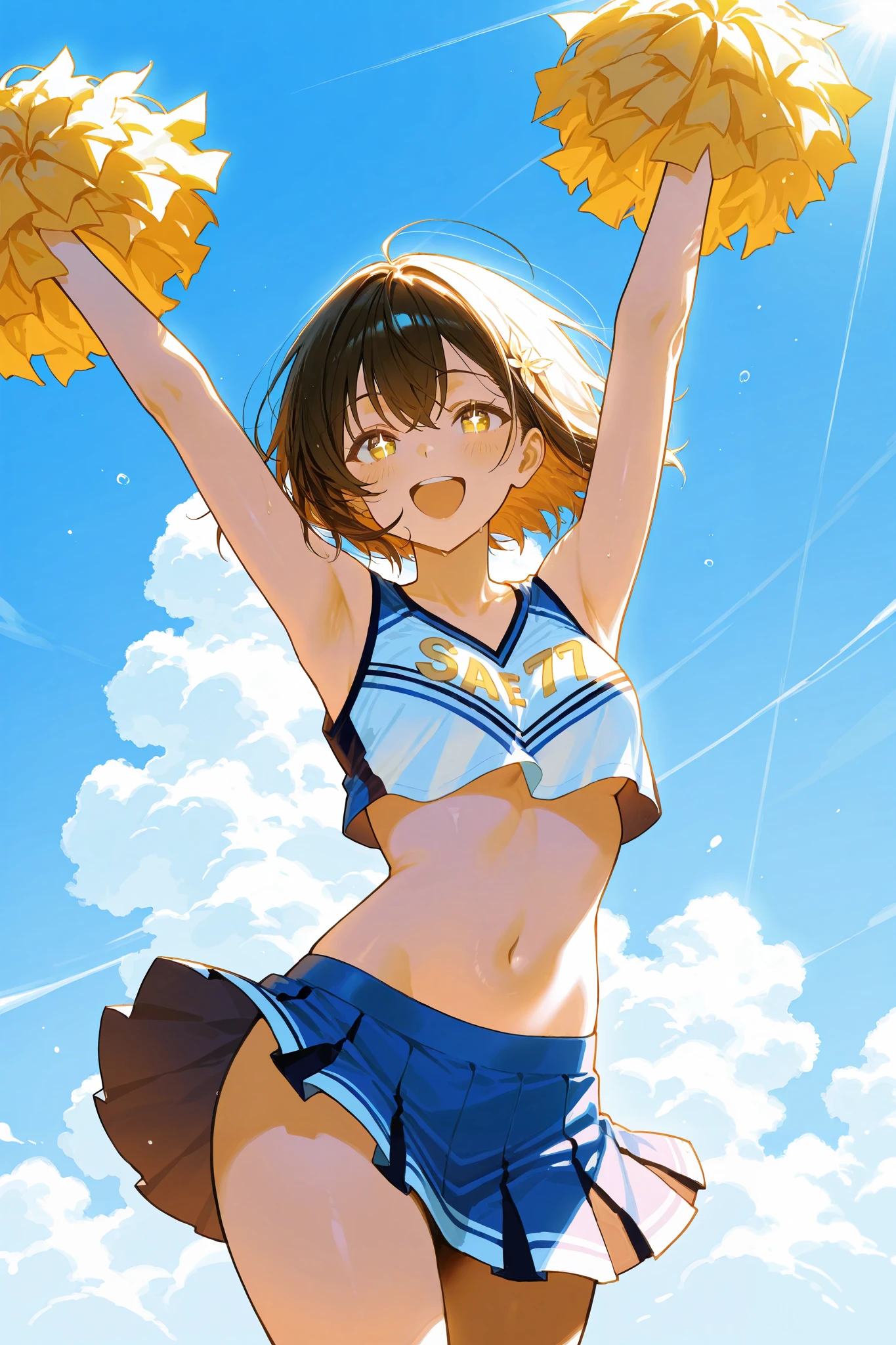 (masutepiece:1.3), (absurderes:1.3), (Best Quality:1.3), hand of Guido Daniele, (Ultra-detailed:1.3),(Best Shadow:0.7), (Handle Hair), 1girl in, Solo, SH1, Ai Miyashita、Large breasts, cleavage, blondehair, asymmetrical bangs, Blunt bangs, Eyes are yellow、Wink、Hair Ornament, Universal smile、Open mouth, (Wet, Wet_Clothes, Wet_Shirt, Oily skin), (cheer girl, croptop, Miniskirt, Bare shoulders,Spread your hands from side to side、orange and white uniform、orange and white skirt), \(cheer leading\), Jump high、outside of house、a park、Colorful balloons、Sunlight, Bright sky, Blue sky with clouds, the wind, god rays, llight rays,