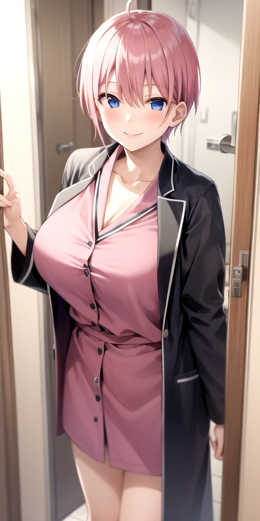 Beautiful young teenager, 1girl, purple hair, blue eyes, extremely short hair, very messy hair, freckles on face, tired, yawning, waking up, thick lips, full lips, huge breasts, extreme cleavage, deep cleavage, very thin body, loose pajamas, pajamas falling off, perfect ???????, home hallway background, detailed background, ultra-detailed, 4k, 8k, best quality, masterpiece