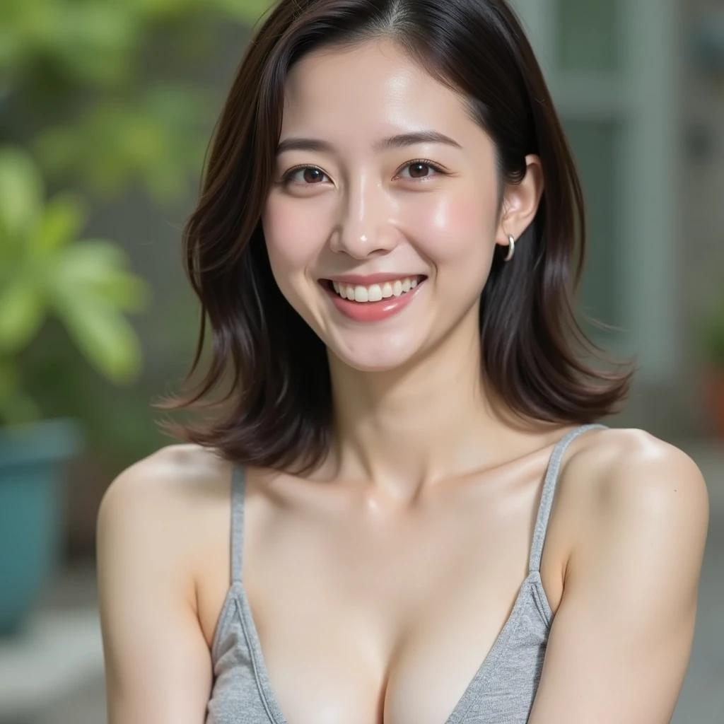  Japanese women, 26 years old, Brightly lit upper body composition of a face. She has an oval face, Soft arched eyebrows, bright expressive eyes,,, pronounced nose, And a friendly smile. Her hair is shoulder-length, straight, Dyed a pale chestnut color. She is wearing a smart casual blouse, Probably soft colors, Pair it with a chic blazer, Embody her lively and sociable personality、(Very detailedな CG Unity 8k 壁紙, highest quality, Very detailed, Looking into the camera:1.2, The light shines on your face:1.5, Gray background, Professional Lighting),