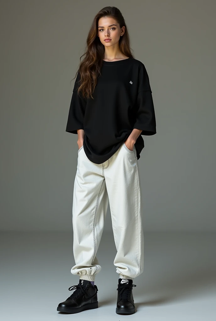 um 🐸 no cabelo aquela coisa de colocar no olho de dormir e blusa branca com laranja e marrom e a luva preta e a calça roxa e azul e branco e as pernas preta a calça e o tênis branco com uma quadradinhos com cores vermelho e azul e branco 