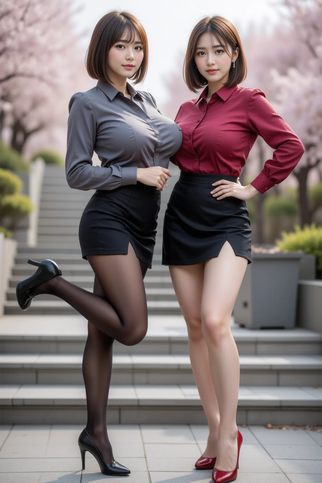 (8K, 超A high resolution, Best Quality, masutepiece:1.2)、RAW portrait of Japan super cute woman、top-quality、 (huge-breasted:1.15)((governess、Pure white long-sleeved shirt、Gray tight skirt:1.48))、Put the shirt inside the skirt(Hands behind the head、Show the armpits:1.35)、(In the street:1.3) BREAK (Natural Skin Texture、Detailed skin、Hyper-Realism、ultra sharpness)、intricate detailes、depth of fields、Sexy adult woman、(Short-haired black hair:1.3)、((​masterpiece、top-quality、high-detail))、(Photorealsitic:1.4)、独奏、closes mouth、Smile happily、big eye、Distinct double eyelids、Lashes、long neck、Absolute area、Clean collarbone、face perfect、thin lips、a small face、(gazing at viewer、Black eyes、lipgloss:1.2)、(Toned body、Beautiful legs、Draw from toe to head、Glossy stockings、Black High Heels:1.38)
