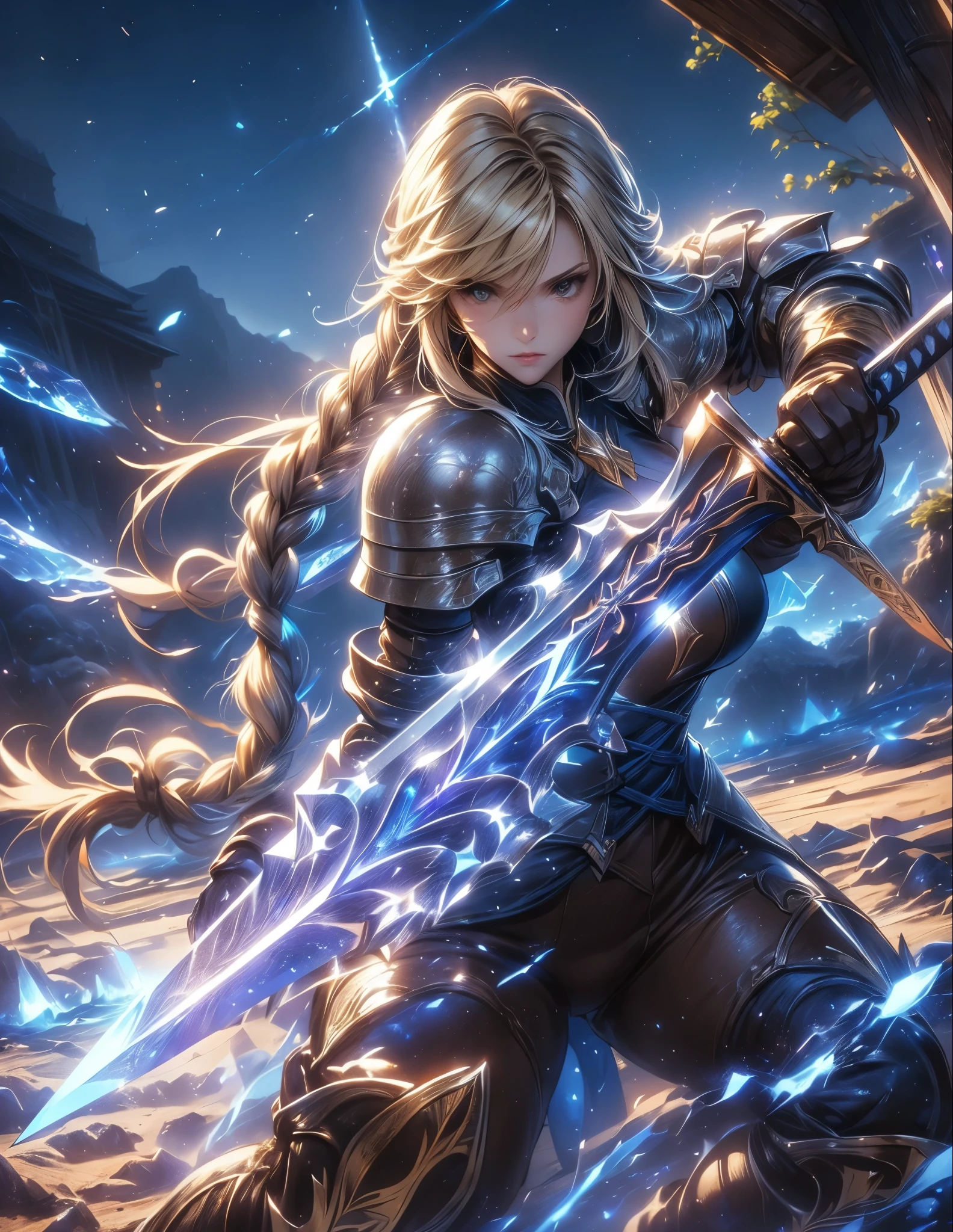 (Agrias Oaks\(Final Fantasy Tactics\) , score_9 , score_8_Excellent , score_7_Excellent , 32K , detailed description 、 A Girl Holding a Sword Destroys , Luxurious Sword , blonde hair , Braided Ponytail , brown eyes , shoulder armor , armor , corset before dildos insertion , (brown pants:1 . 3) , Knee pads , blue dress , brown gloves , pants , Cross Race Boots , Big Breasts , combat posture , dynamic angle , (\(Become , European Sword , , glows blue\):1 . 4)\) , (Holding a straight sword , a blue aura shining from her whole body) , Picture of a Female Paladin , Destruction of animated fantasy art , background\ long hit , dynamic angle , There's a giant crystal on the ground , 青い月と星のbackground , night sky , (alone:1 . 6 )(top quality)) , (Ultra High Definition) , (Super Detail)