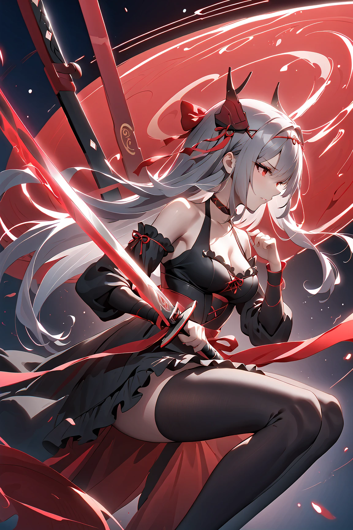 An adult woman half fox and wolf, wide breasts, red eyes, white hair, very angry, in a black little open dress, holding a sword