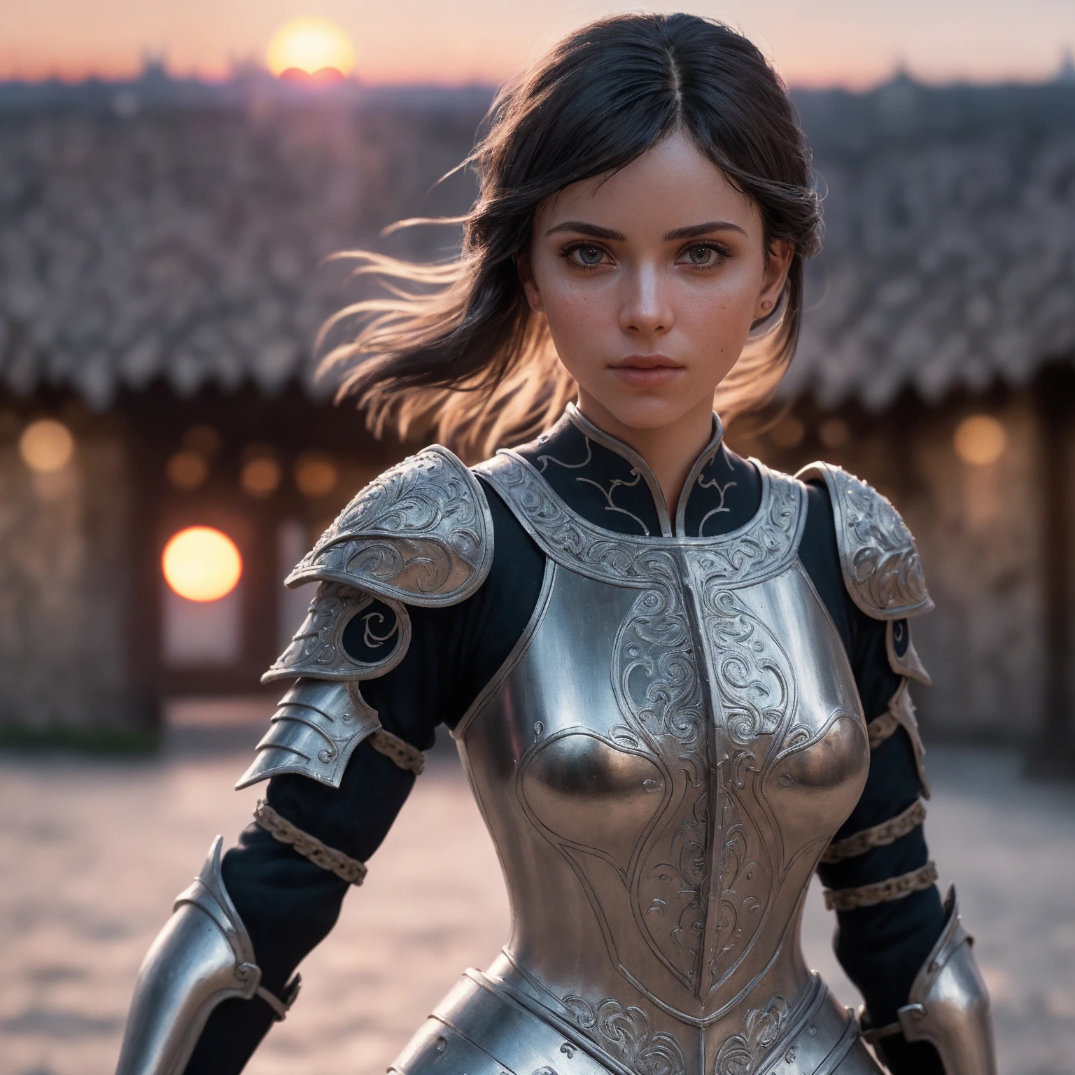 (masterpiece), (extremely intricate:1.2), (realistic), portrait of a girl, the most beautiful in the world, (medieval armor), metal reflections, upper body, outdoors, intense sunlight, far away castle, professional photograph of a stunning woman detailed, sharp focus, dramatic, award winning, cinematic lighting, , volumetrics dtx, (film grain, blurry background, blurry foreground, bokeh, depth of field, sunset, motion blur:1.3), chainmail,<lora:GoodHands-beta2:1>