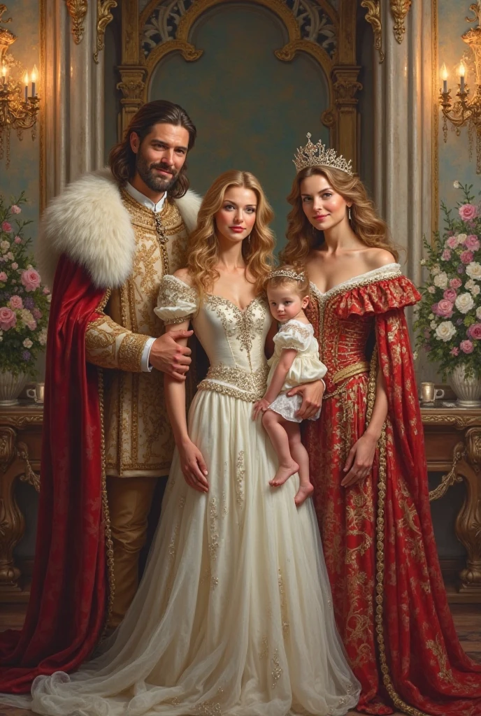 Family of 4. King is standing next to the queen. Her hair is medium long blonde, Her eyes are green, clear skin, high. The queen wears her all-white hair in an elegant bun. dressed in red and black like the king. Both of them avoid being over 30 years old.. In front of them is the princess, a 1 young woman, Her long white hair loose in waves, Amber eyes like the queen and the prince. He is , blond and has one green eye and one amber eye..