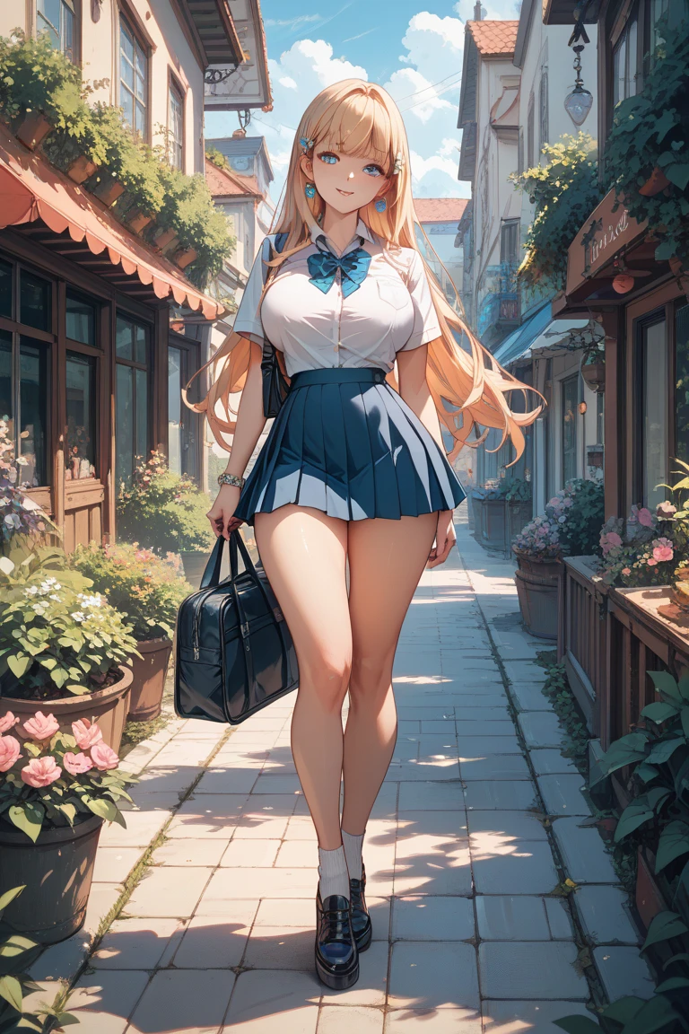 Long haired girl wearing glasses、An unbuttoned white shirt、Big breasts and blue bra sticking through pure white shirt、Blue flared skirt、She lifts her skirt to show her cute white underwear、Bare legs, white socks and leather shoes、Standing posture