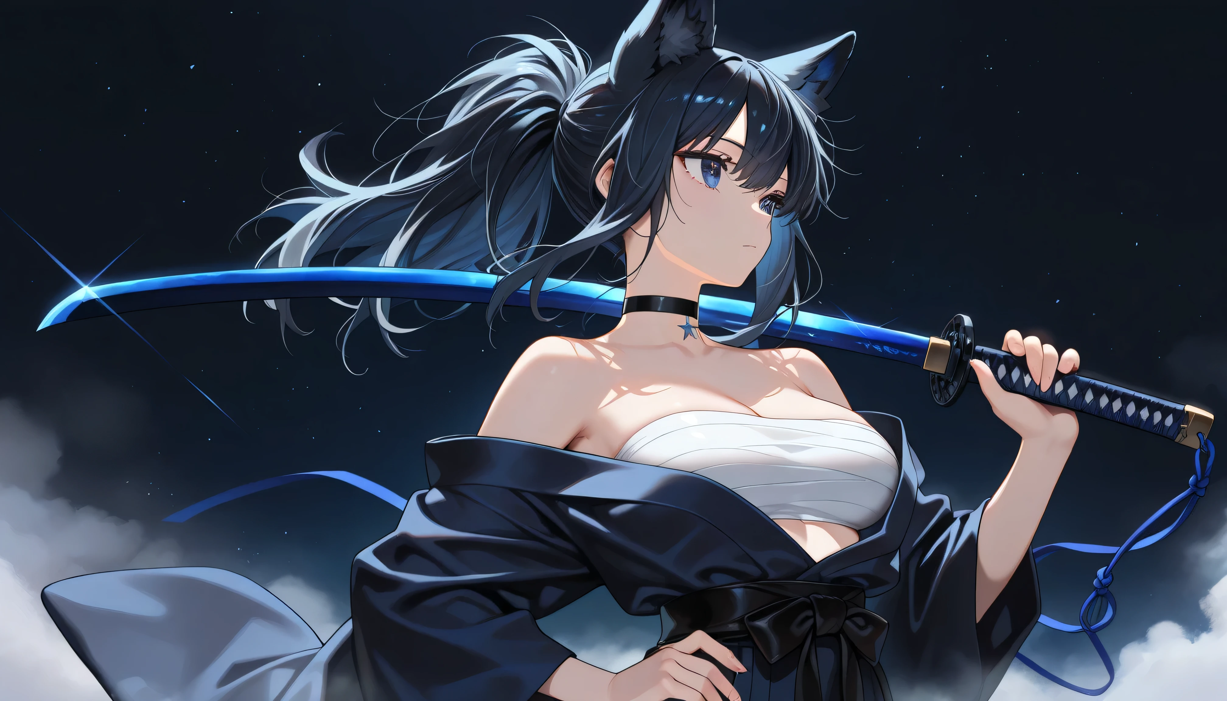 ((masterpiece, best quality, amazing quality, very aesthetic, newest, realism, hyper-detailed, beautiful, cinematic)) 1girl, 24 Years Old, A bit medium breasts, solo, Dark Blue Background, Black Ponytail, Wolfcut Hairstyles, Dark Blue Kimono, Bandaged Chest, Barely Shoulders, Holding a Katana with a Dark Blue Blade, looking away, Ponytail Hair, upper body, simple background, Fog, dark blue eyes, closed mouth, Jet Black Hair, shot from head to hips with no cut on the head, Fantasy_eyes, Wolf Ear, Black Belt Choker, Stars In the Sky, Eclipse