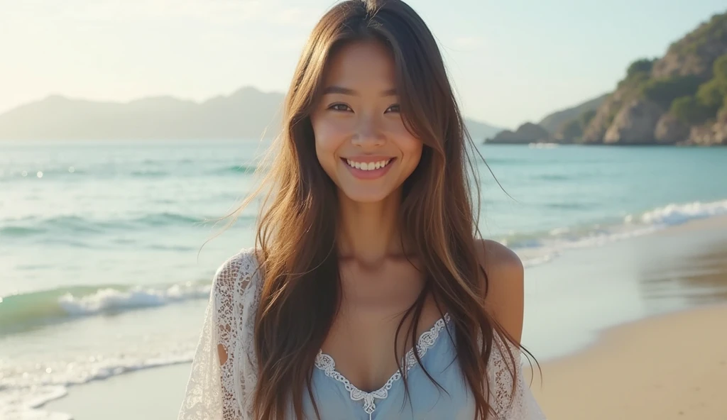 (masterpiece), (Highest quality), (Very detailed), (A 21 year old Japanese woman), (Summer clothes), Are standing, Fashion Model, View your audience, (Beach),Beautiful details, Delicate and beautiful face, floating,(The Shining), Focus on the face, Best lighting, Best Shadow,Brown hair with highlights、Smiling Kindly
