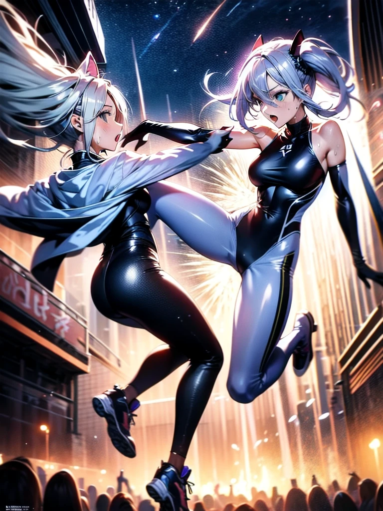 lady deadpool (wanda wilson) and spider-gwen (gwen stacy) in a dynamic team pose, lady deadpool on the left in her signature red and black suit wearing her mask with the blonde ponytail peeking out, in a dynamic pose holding a katana in one hand and a gun in the other with a smirking expression visible through her mask, spider-gwen swinging in on a web on the right side, her white and black suit with pink details glowing, wearing her signature hood, with a confident gaze under the mask, in a night urban environment with skyscrapers in the background illuminated by window lights and neon lights, dark sky with a bright full moon giving a heroic and enigmatic touch