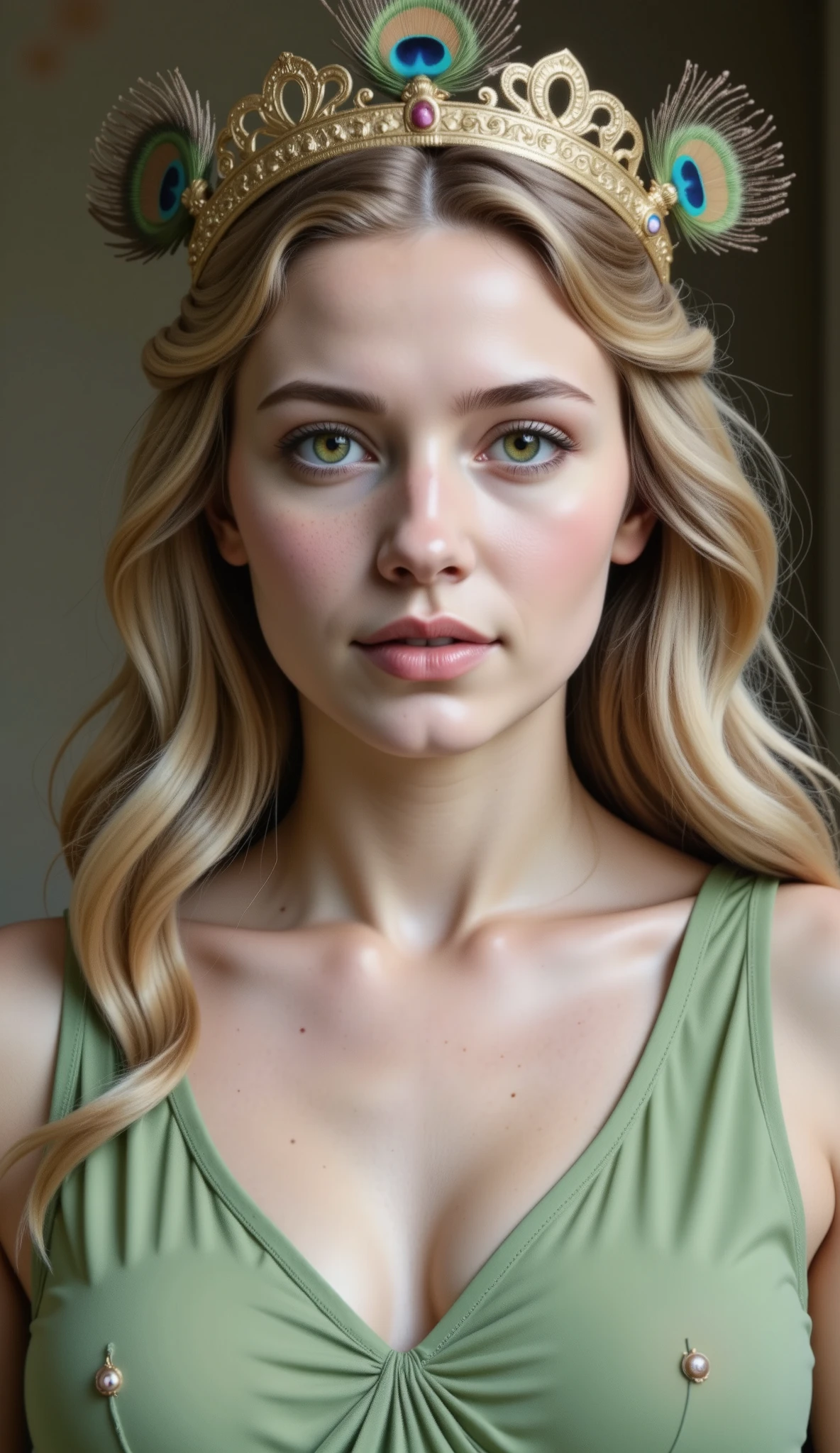 A realistic depiction of the goddess Hera, with striking green eyes and golden hair. She is wearing a light green tunic, embodying grace and divinity. Her crown is adorned with intricate designs inspired by peacock feathers, emphasizing her connection to the bird. Hera's appearance resembles a classical Greek statue, radiating majesty and poise.