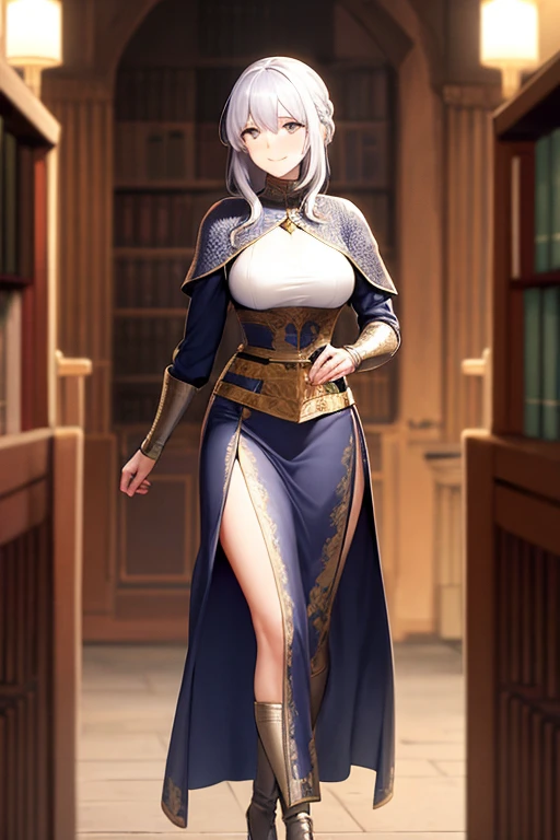 Highest quality、Ultra-high resolution、Fantasy、roleplaying game、A sexy, busty, silver-haired, short-boobed saint standing upright with a closed book under her arm、Audience Chamber