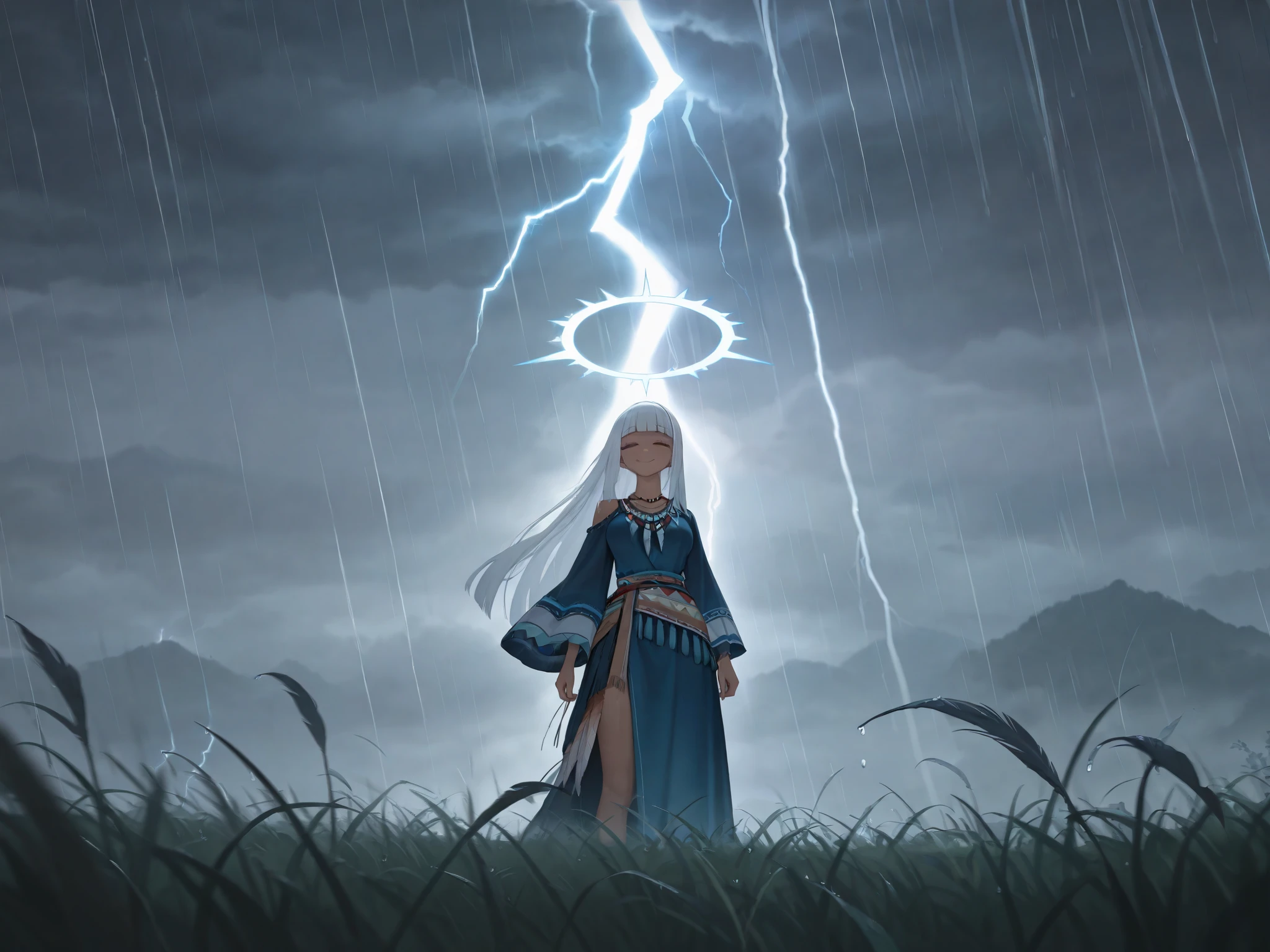 absurdres, (((HD))), (((Ultra High Quality))), ((hyper detailed)), ((detailed eyes)), (((8K))), ((perfect face)), ((masterpiece)), 1girl, smile, lightning aura, lightning halo, spiked halo, eyes closed, tan skin, white hair, long hair, blunt bangs, medium breasts, native american dress, tassels, feathers, blue dress, beads, necklace, wide sleeves, long skirt, standing, grassland background, windy, windy weather, raining, heavy rain, cloudy, foggy, thunderstorm, storm, lightning