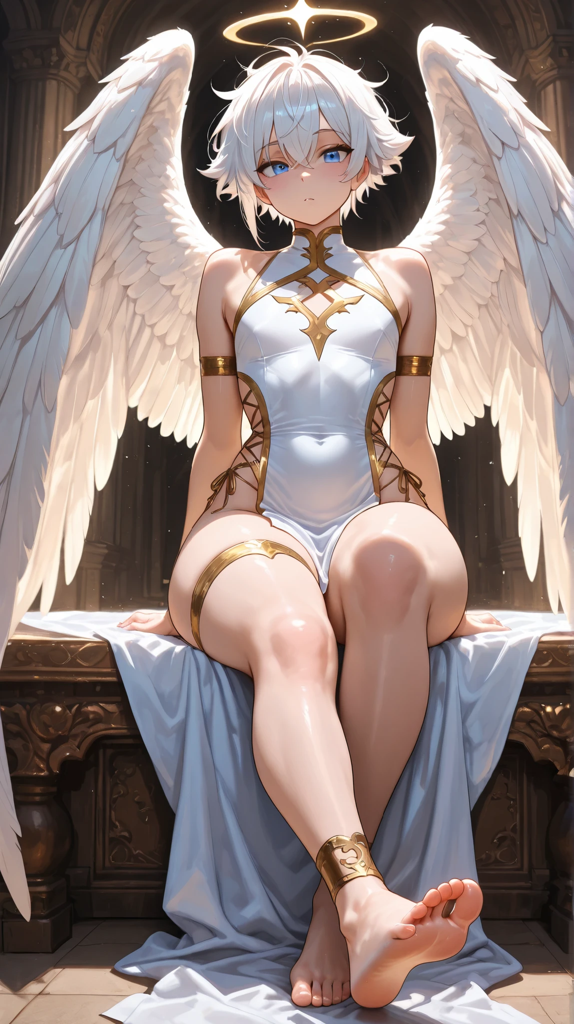 Create an image of a fallen angel in the Renaissance style. Center angel with damaged wings and detailed Renaissance attire, in a solemn and introspective pose. Blur the angel&#39;s face to add an air of mystery. Use the chiaroscuro technique for a dramatic contrast between light and shadow. The surrounding landscape must be desolate, with twisted trees, rocks and an earthy, natural color palette. Maintain a mystical and solemn atmosphere.

