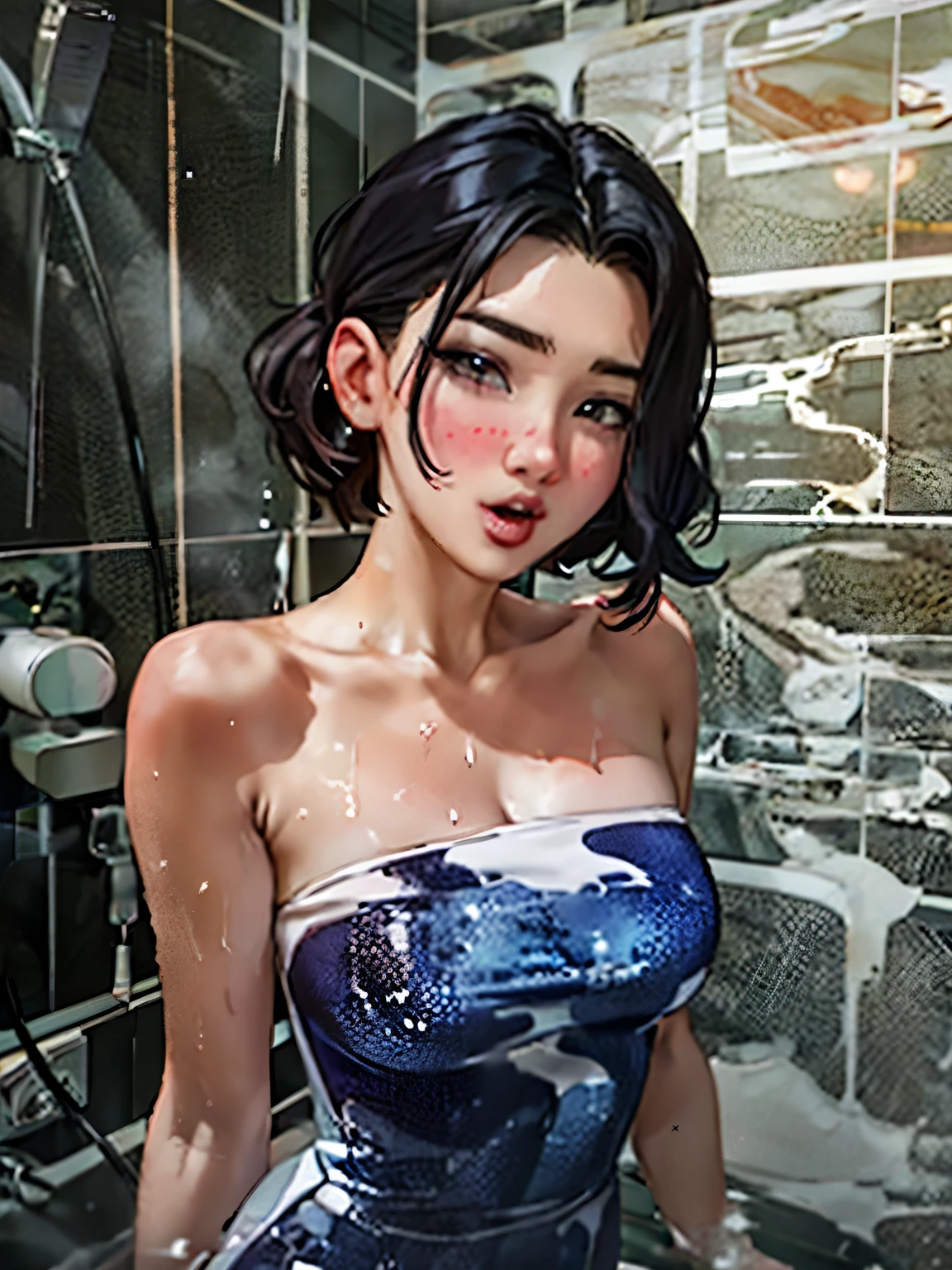 A dark-haired woman fiddled with her legs，Rubbing his chest, his eyes were confused，Facial flushing，Wetness of the ，Need my insertion